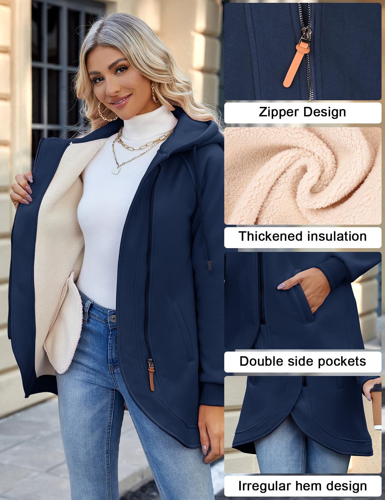 UMIPUBO Felpa Donna con Cappuccio Invernale Felpe con Zip Fodera in Pile Hoodie Sweatshirt a Manica Lunga Caldo Lungo Giacca con Tasche Cotone Termica Cappotto Pullover