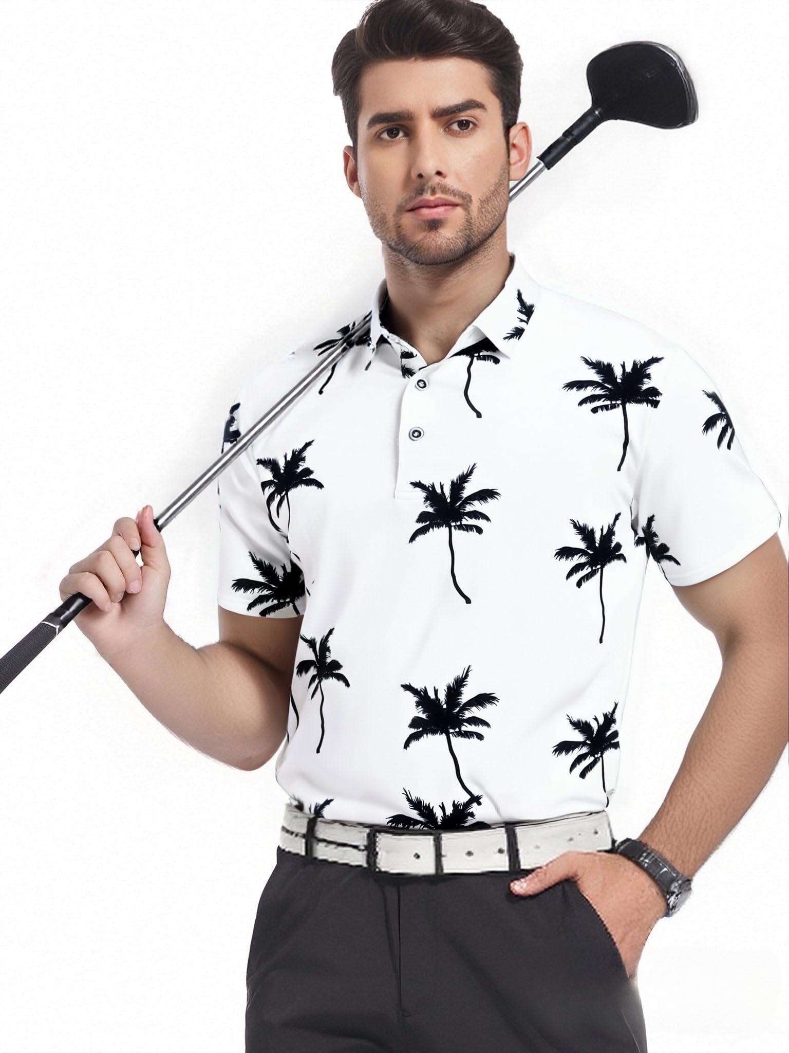 SAMERM Camisa de Golf de Manga Corta para Hombre, Estampado de Rendimiento, Absorbe la Humedad, Ajuste seco, Polo para Hombre, Polo de Coco Blanco, X-Large