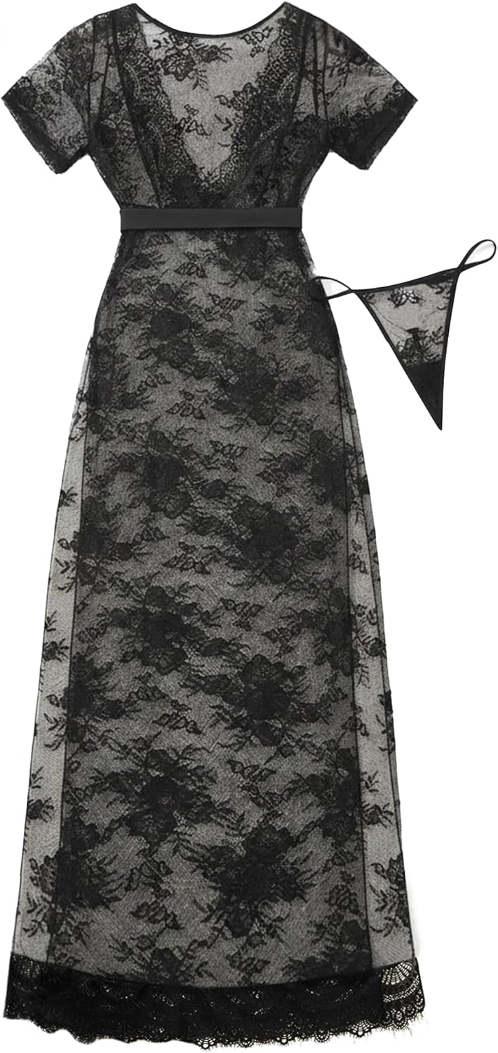 Hilinker Women's Sexy Sheer Lace Lingerie Dress Long Mesh See Through Chemise Nightgown with Thong - Image 3