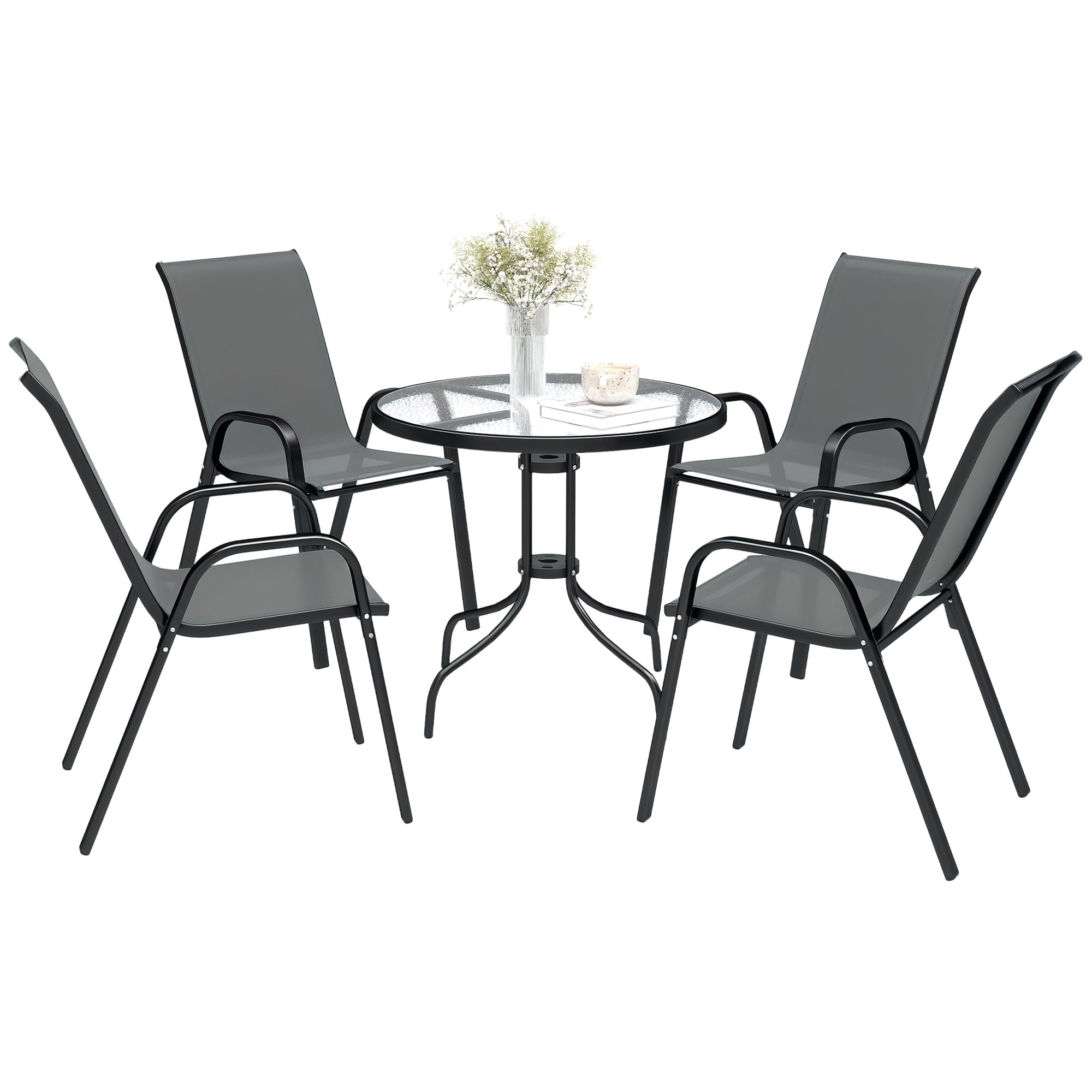 Outsunny 5 Pieces Garden Dining Set, 4 Seater Garden Furniture with High Back Stackable Chairs and Round Glass Top Table, Outdoor Bistro Set with Parasol Hole for Patio, Dark Grey