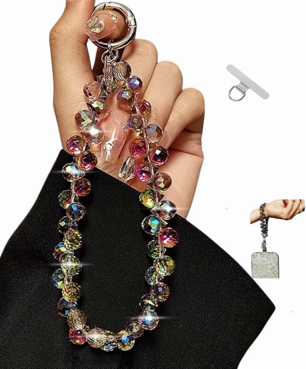 Aminkou Premium sparkling Beaded Phone Wrist Strap with Extra Metal Phone Tether Tab Patch From Us! Phone Lanyard Wristlet