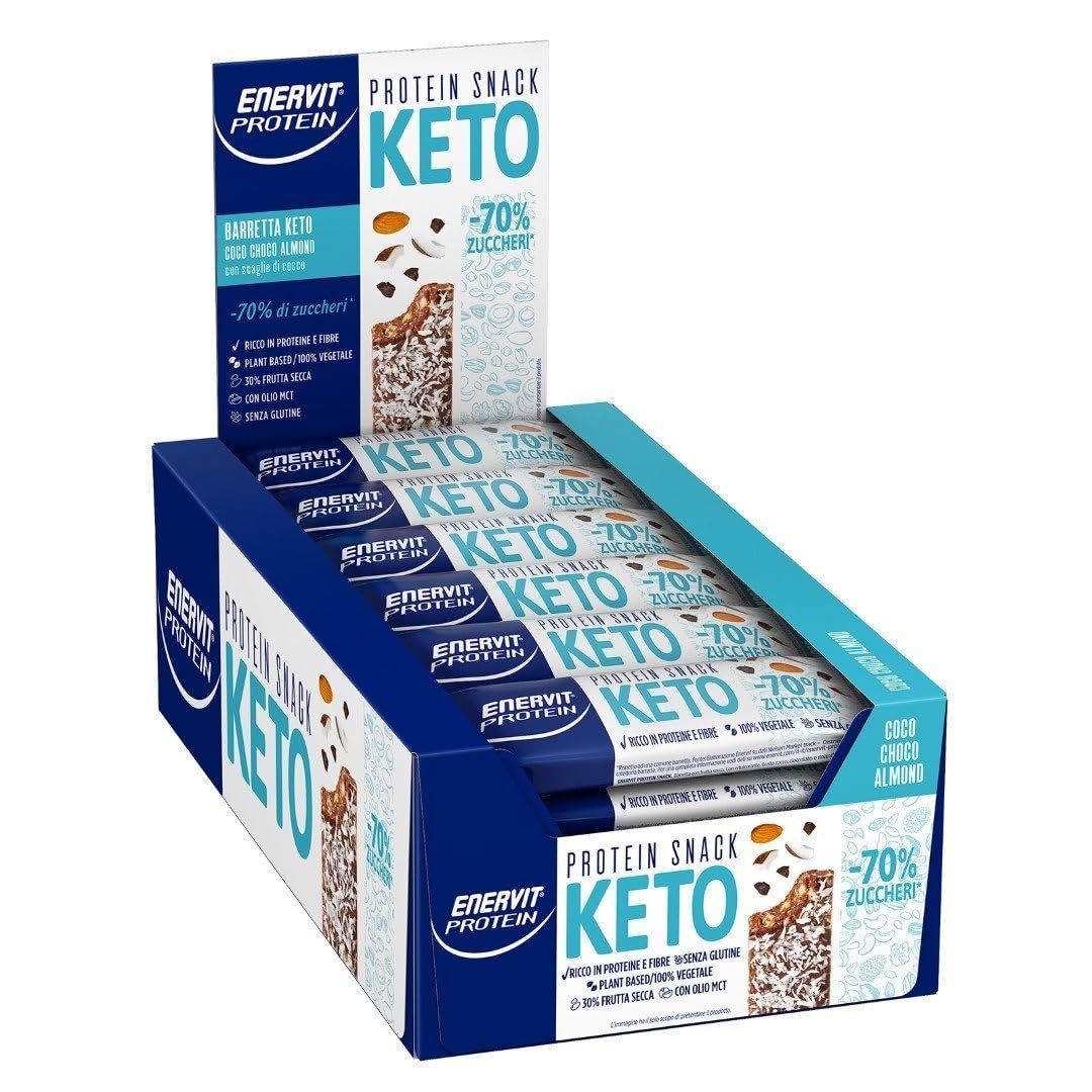 Enervit, Protein Snack Keto Coco Choco Almond, -70% di Zuccheri, Ricco in Proteine, Per il Controllo del Peso, Indicato per la Keto Diet, VeganOK, Senza Glutine, 30 Barrette da 35g