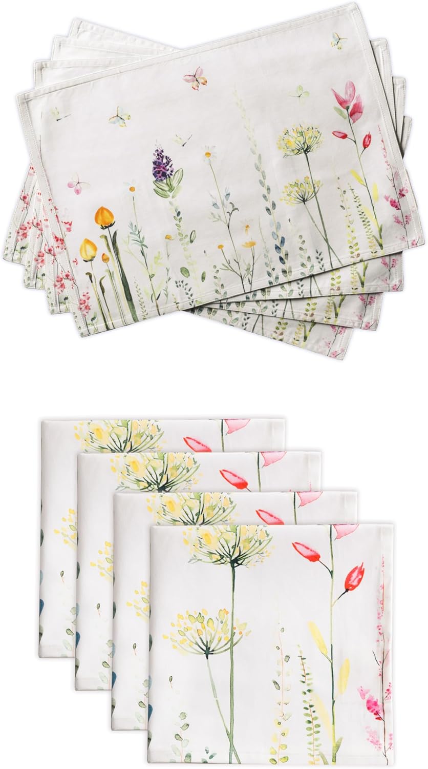 Maison d' Hermine Botanical Fresh Bundle Set 100% Cotton Set of 4 Napkins (20 Inch by 20 Inch) and Set of 4 Place Mats (13 Inch by 19 Inch)