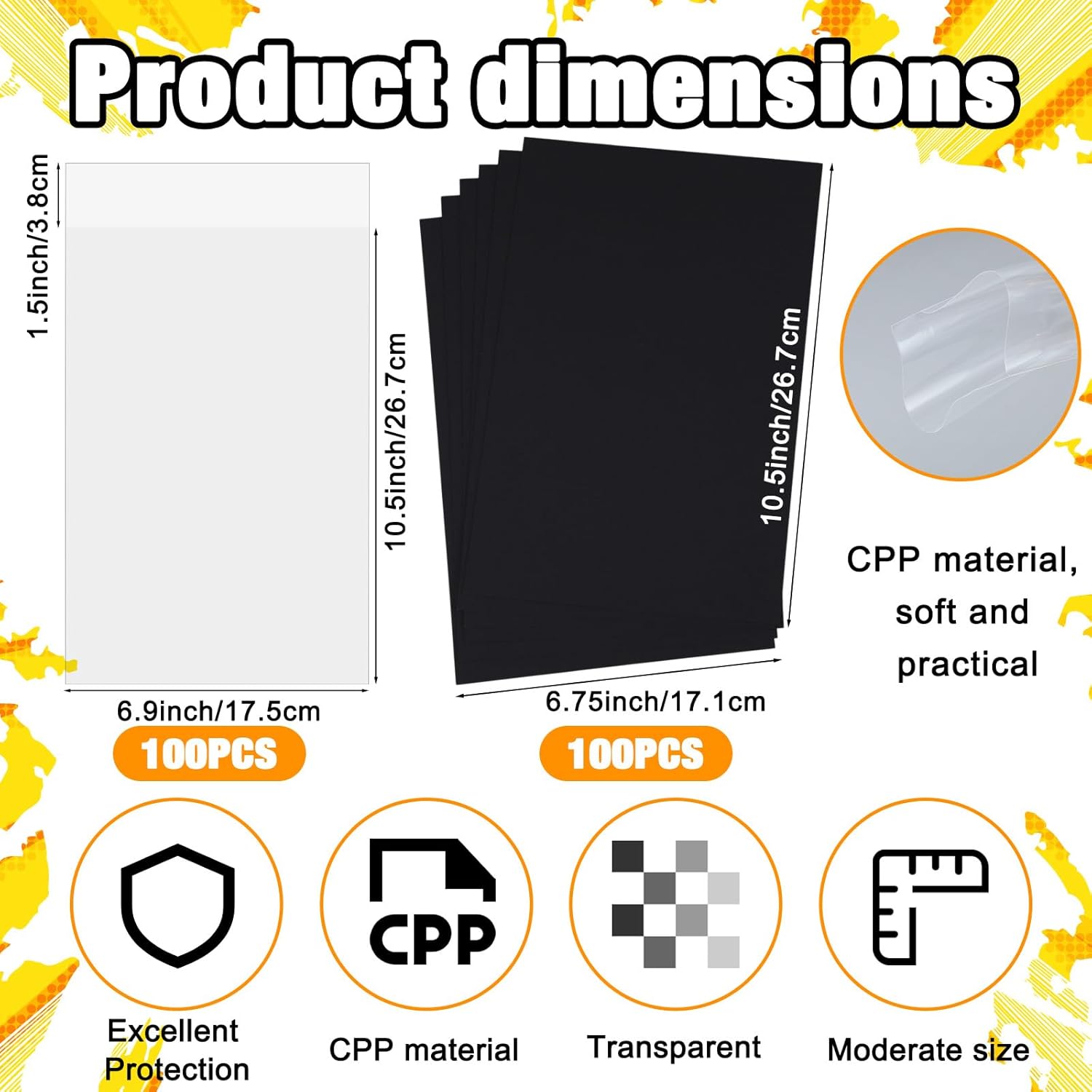 100 Sets Current Comic Book Bags and Boards, Reusable Acid Free Clear Comic Book Sleeves with Black Backing Boards, Thick Magazine Storage Protection for Books Collection, 6.9 x 12''