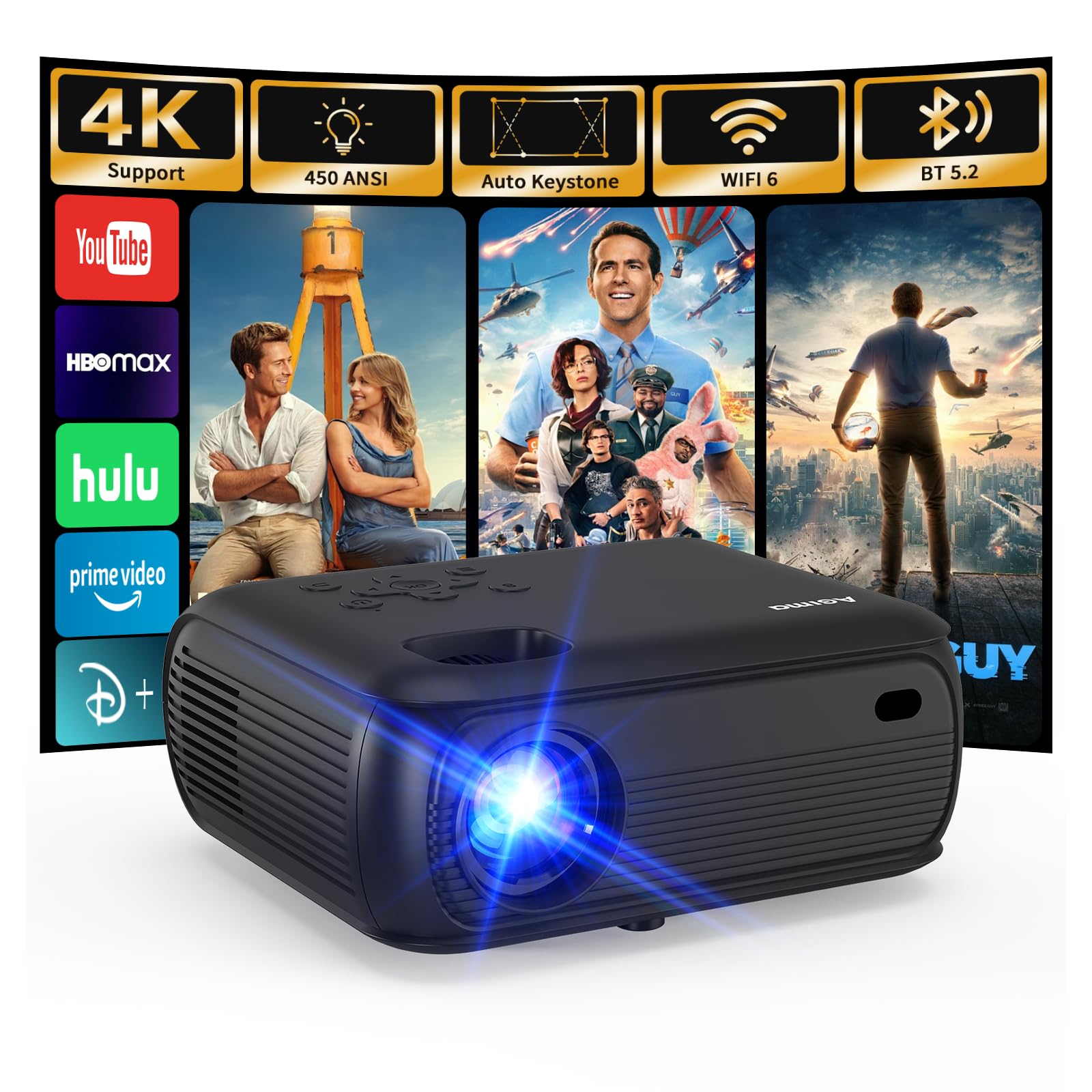 Mini proiettore con WiFi e Bluetooth, 1080p nativo, supporto 4K, altoparlante Premium, Smart Android TV OS, WiFi 6, Bluetooth 5.2 e correzione trapezoidale automatica, nero