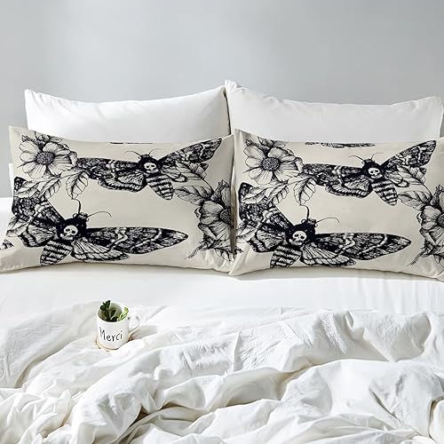 Miniatura 5 de Juego de funda de edredón de calavera, tamaño Queen, con estampado de polilla, estilo gótico, para adolescentes, niños, patrón de calavera de