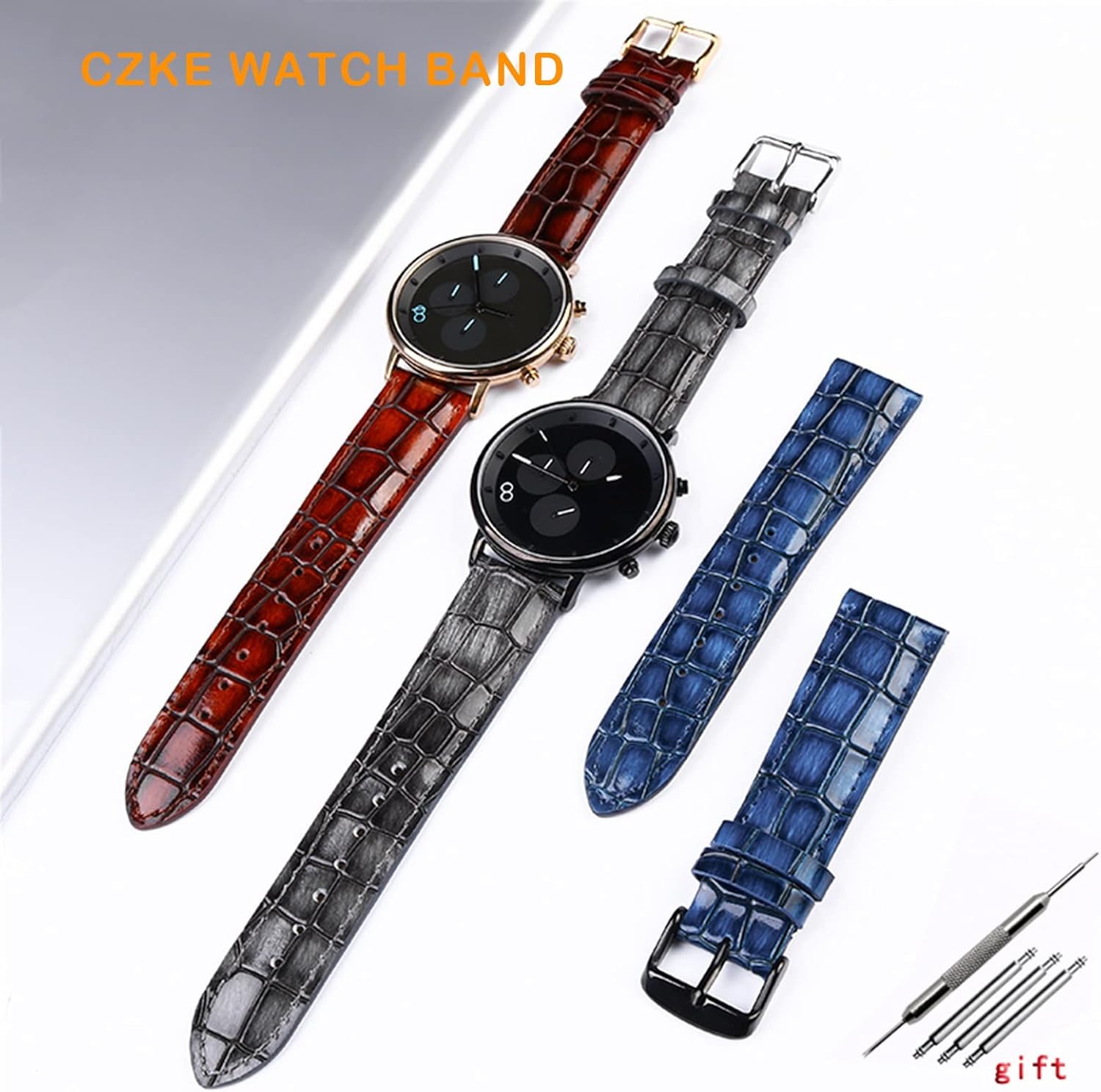 Wscebck Crocodile Texture Calfskin Leather Watch Strap18mm 20mm 22mm Watchband for Men Women Watch Band Solid Buckle (Color : Green Gold, Size : 18mm)