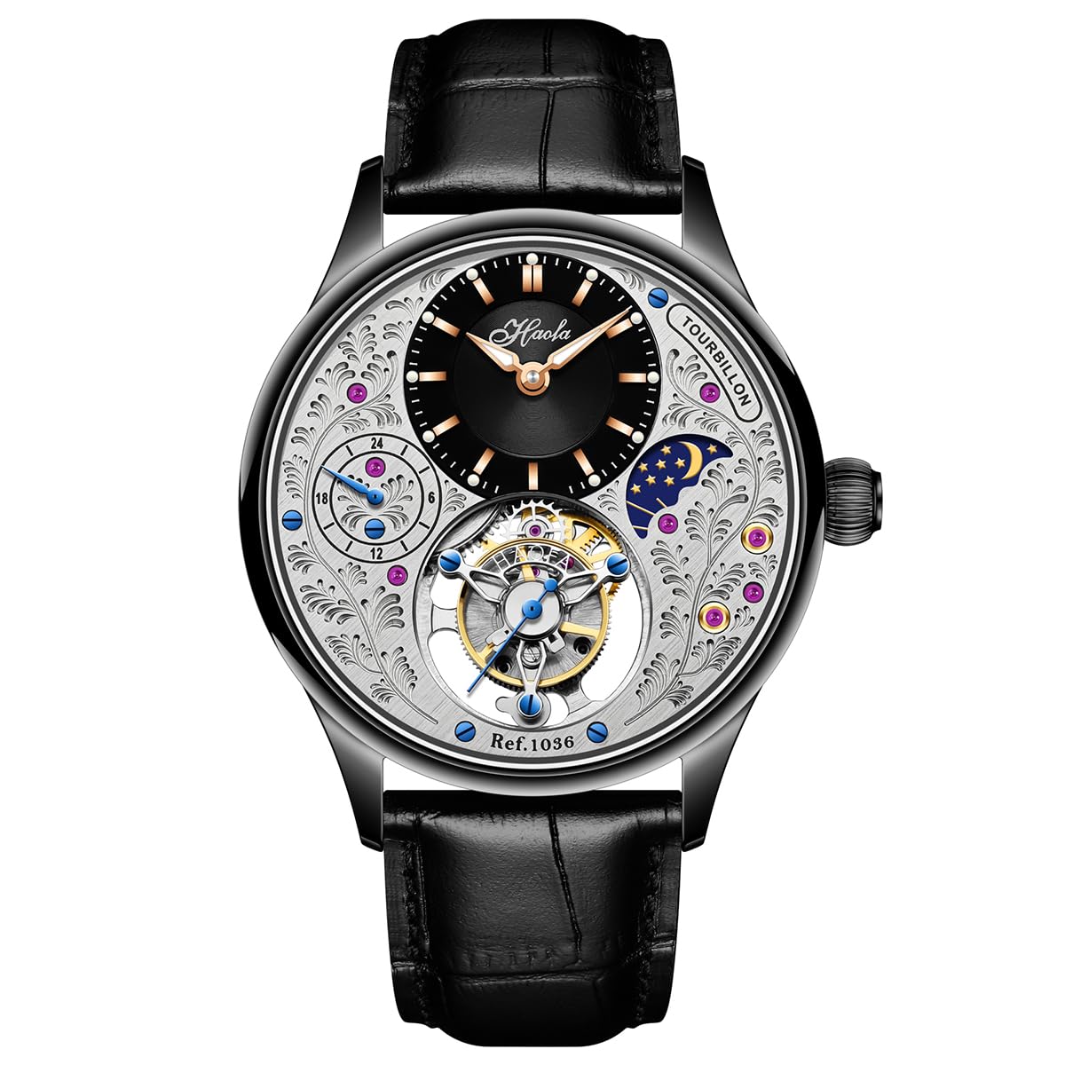 Haofa Flying Tourbillon Mechanical Men Watch GMT Day and Night Display Hand Wind Man Wristwatches Sapphire Crystal Luxury Watches for Men 1036