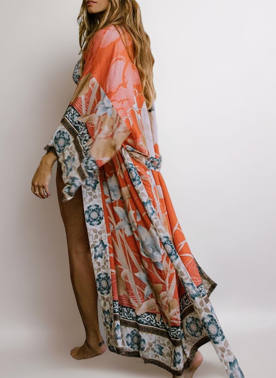 Women's Long Floral Kimono Dressing Gown Beach Bikini Cover-Ups Maxi Dress Plus Size Summer Robe