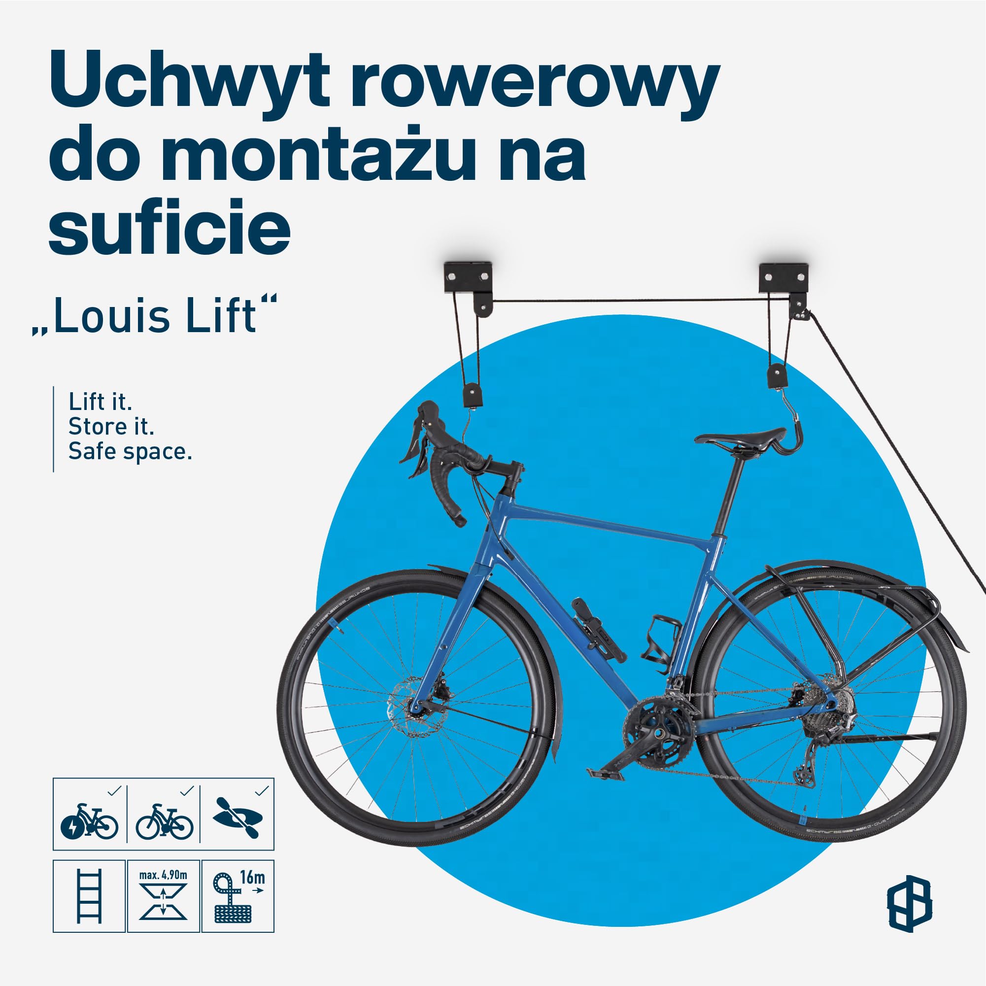 Uchwyt rowerowy do garażu z kołem pasowym, uchwyt ścienny do roweru, bagażnika dachowego, kanu itp. | Zawieszenie "Louis Lift" by Bike Broz | 70002