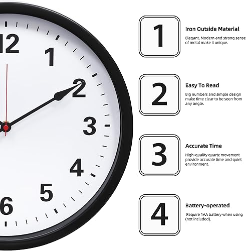 Miniatura 2 de LEIKE Reloj de pared de metal de 14 pulgadas, color negro, retro de cuarzo silencioso, funciona con pilas, decorativo para patio, cocina, sala de