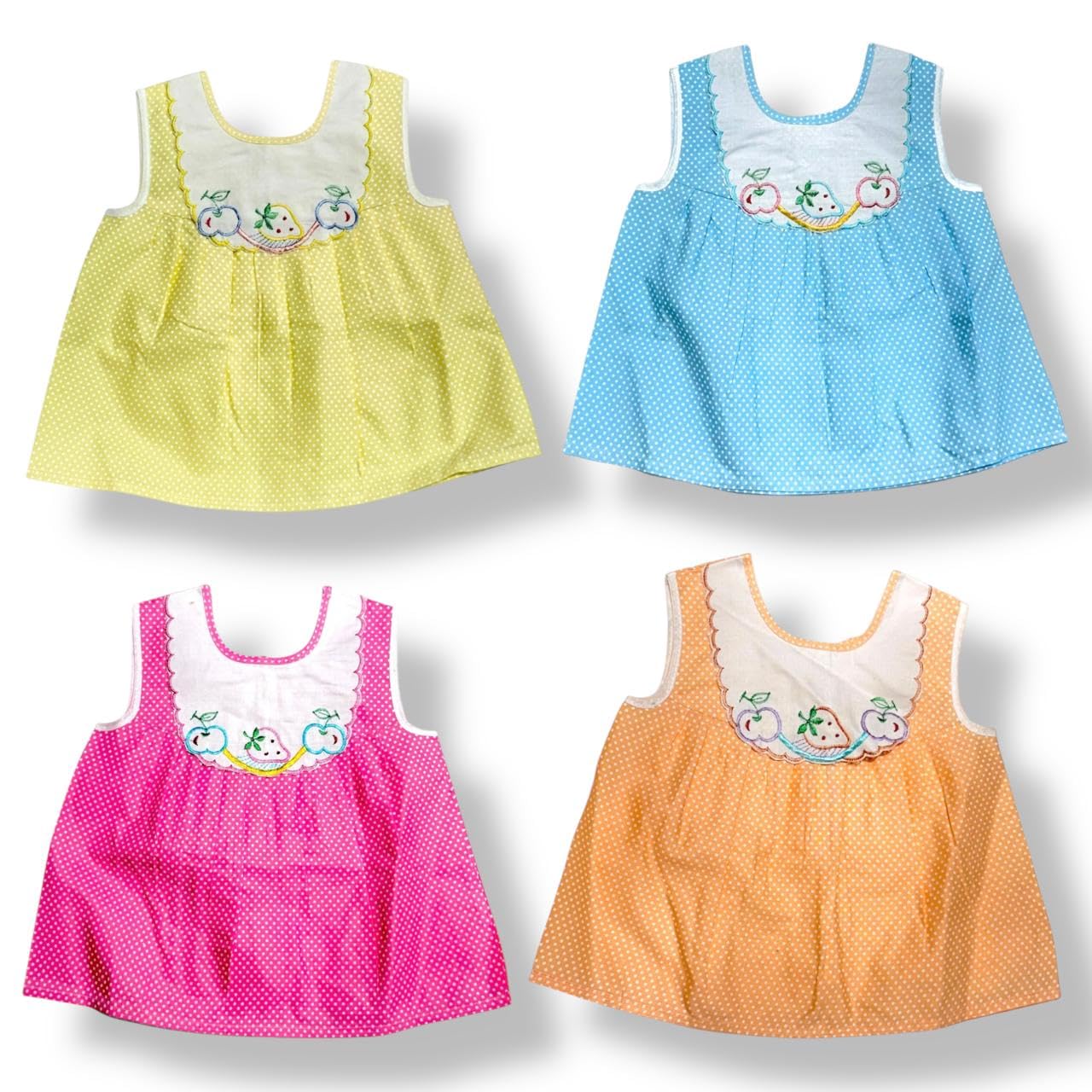 VIRTI MINI ME Newborn Baby Frock style Sleeveless Jhabla Set – Soft Cotton Baby Vest with Cute Fruit Embroidery, 4 -Piece Set for Girls, Breathable and Comfortable