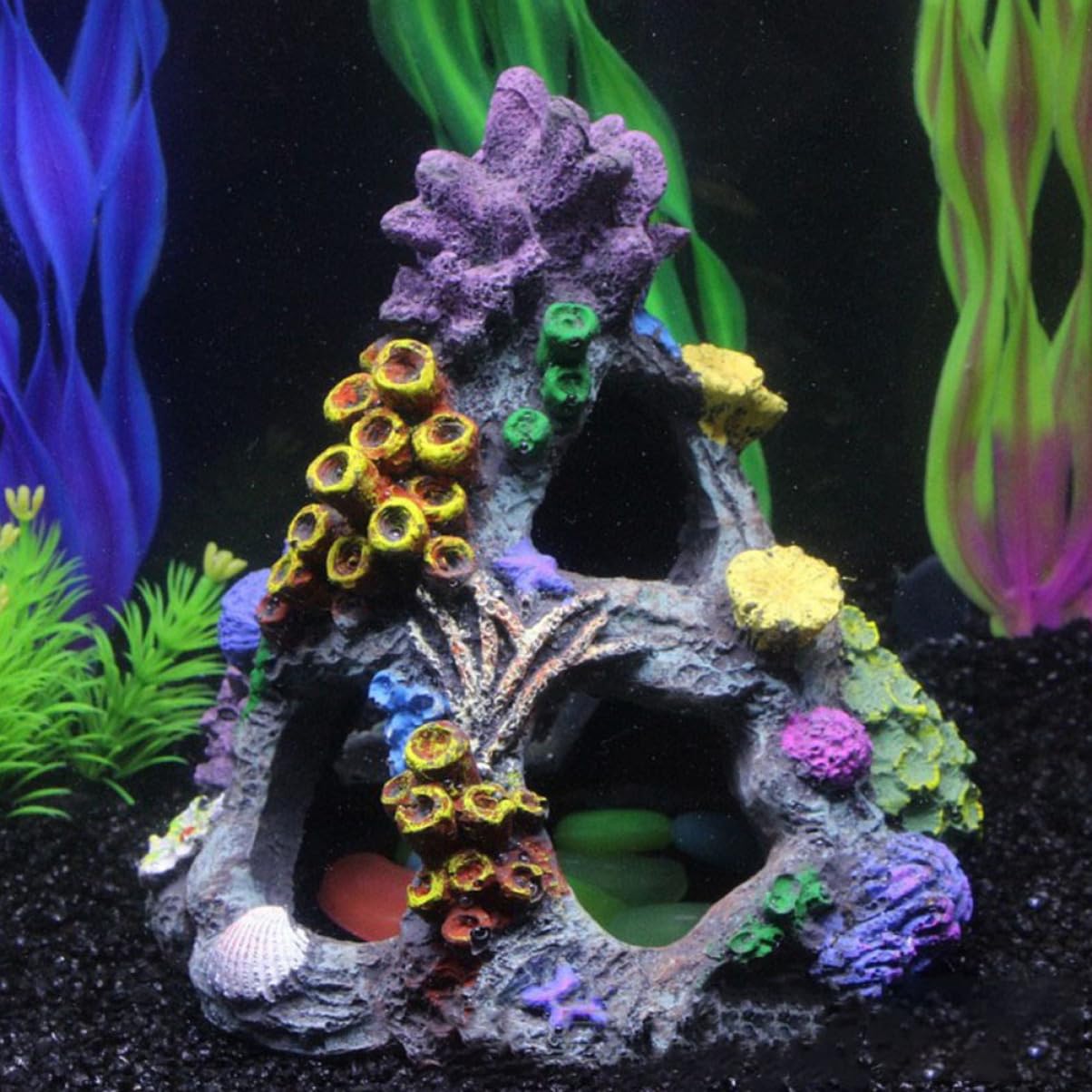POPETPOP 4 Piezas Escondite De Coral Plantas De Acuario Decoraciones De Peceras Decoración De Mesa Rocas Artificiales Pegatinas Vista De La Montaña del Acuario Océano Sirena Adornos Resina