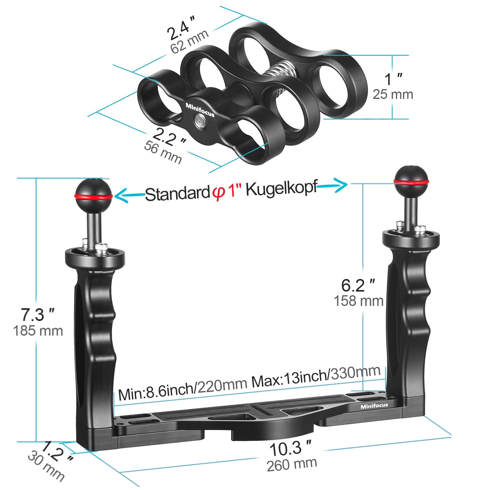 Unterwasser-Kamera Handle Tray Bracket, Dual Handle ausziehbare Aluminiumlegierung Video-Stabilisator-Halter mit 2 1-Zoll-Kugelklemme Mount für Unterwasser-Kamera tauchen Gehäuse