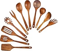 Vista 13 de Juego de Utensilios de Cocina de Madera, GUDAMAYE 9 PIEZAS Cucharas de Madera de Teca Natural Para Sartén Antiadherente para Cocinar