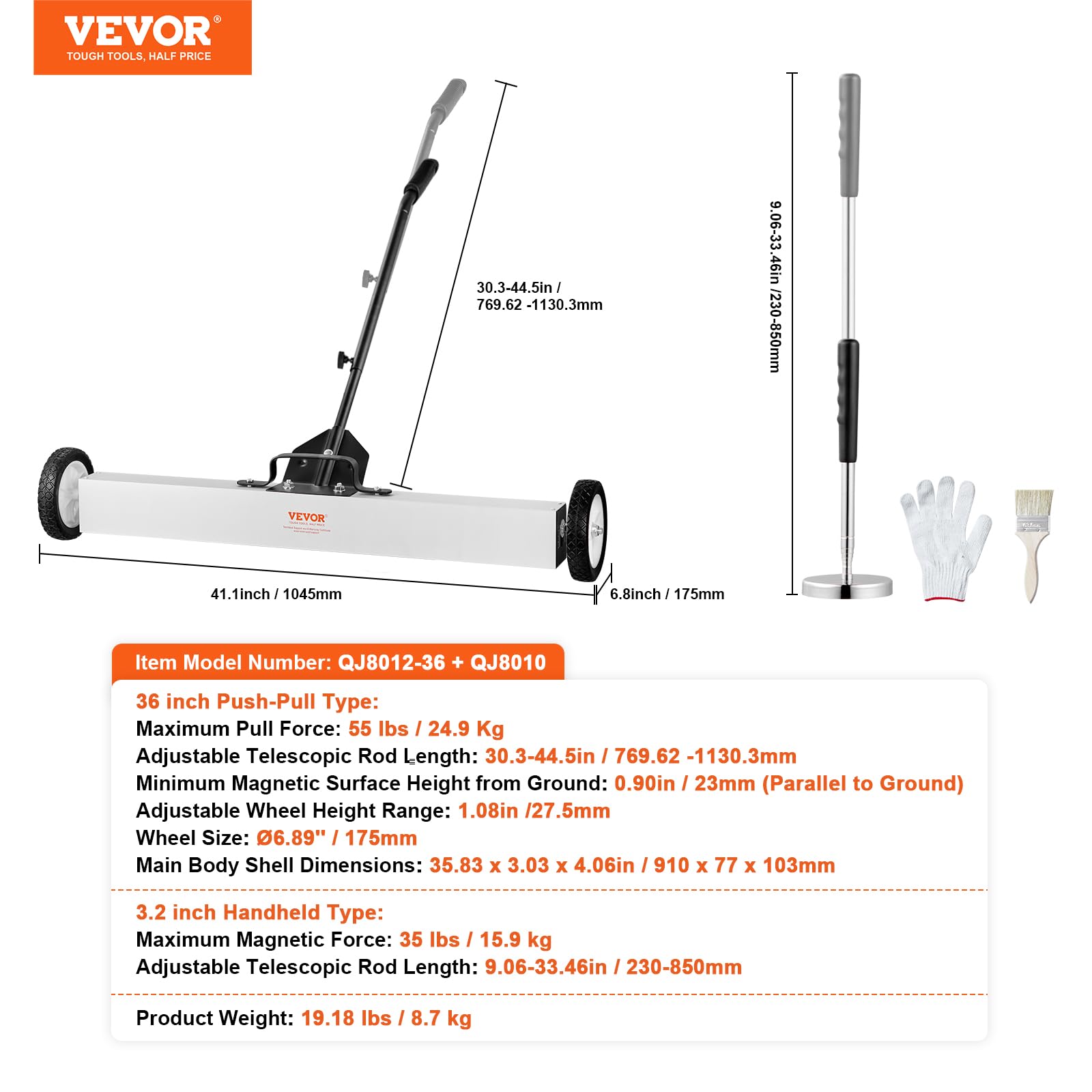 VEVOR Balayeuse Magnétique 91 cm 24,9 kg avec Roues Manche Télescopique Poignée Réglable
