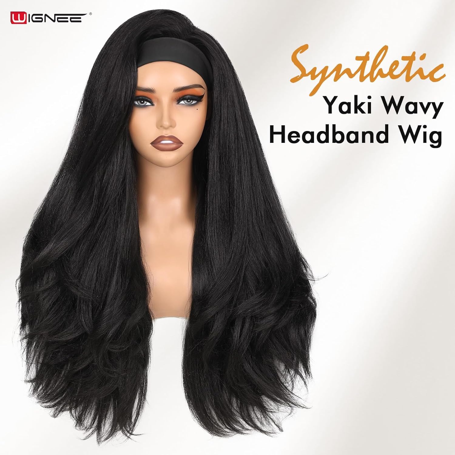 WIGNEE Yaki Curly Bandeau Perruque Synthétique Stratifiée Kink Droite Demi-Prête à Porter Sans Colle Bandeau Perruque pour Femmes Noires (1B, 66cm)