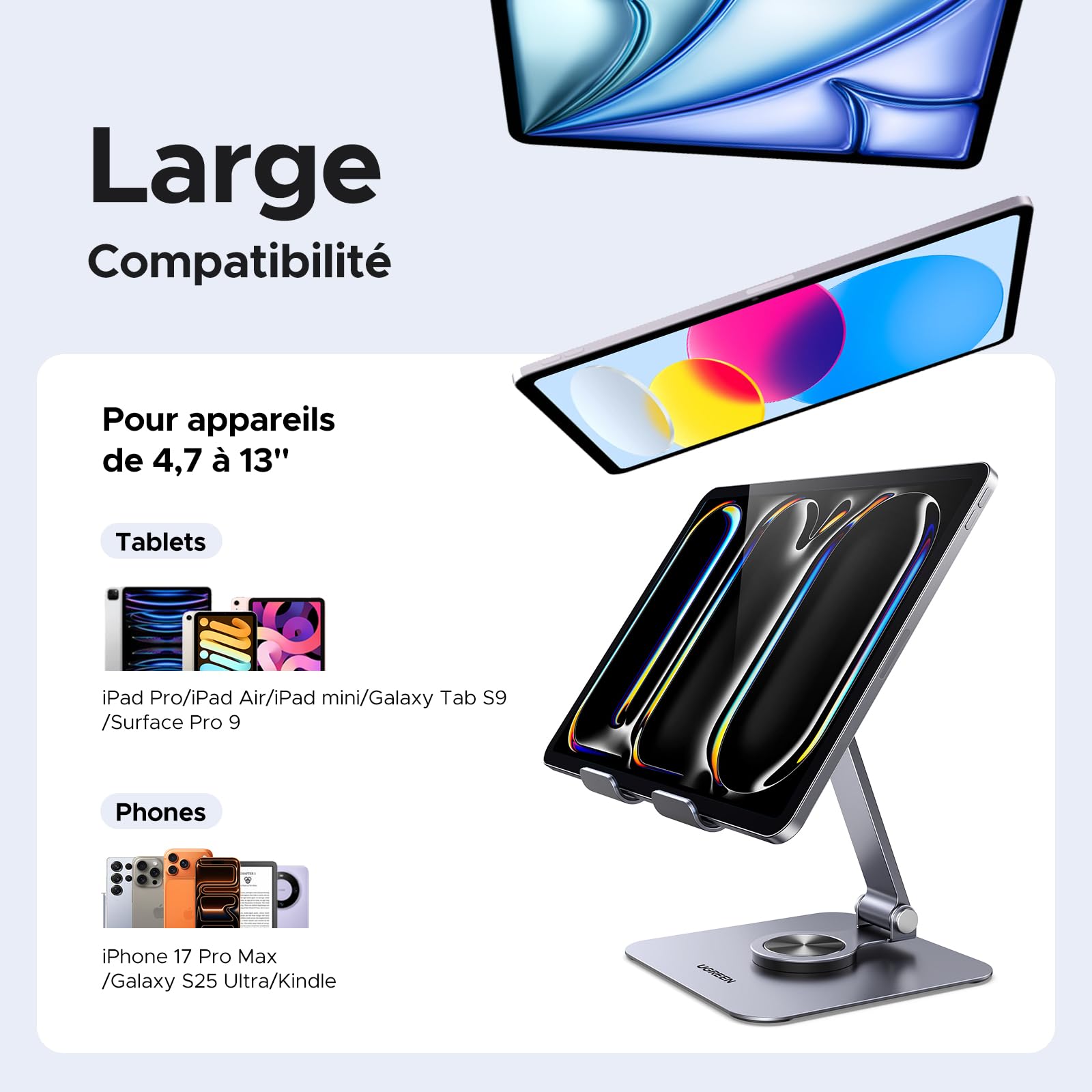 UGREEN Support Tablette Bureau Réglable Rotatif à 360 Degrés Porte Téléphone Pliable en Aluminium Compatible avec iPhone 17 Pro Max Air iPad Pro Air Mini Galaxy Tab A11 S11 A9 Redmi Pad