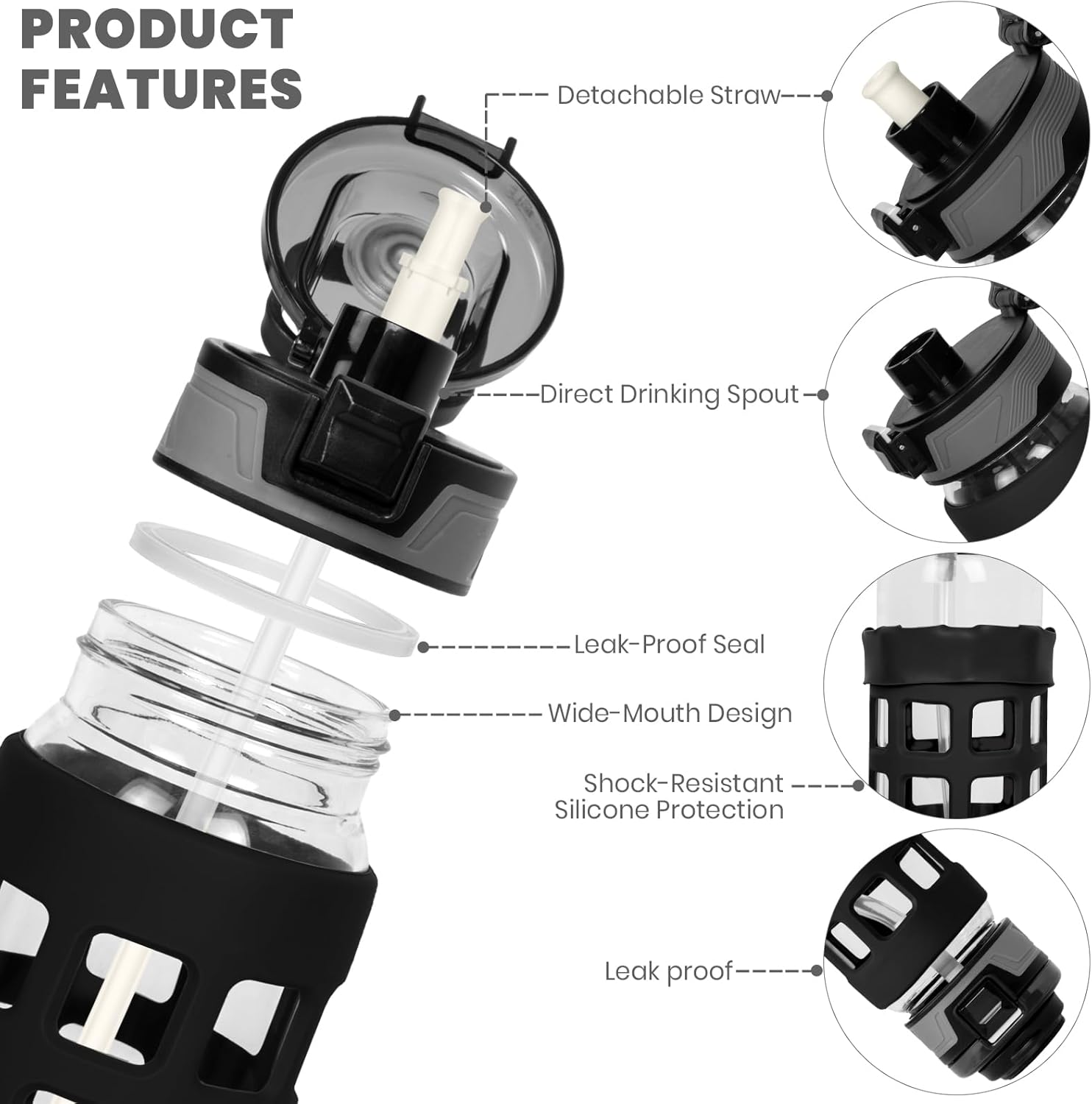 32oz/22oz Glass Water Bottle with Straw Handle Flip lids, leakproof, BPA free, Borosilicate Glass Bottles, with Protective Non-Slip Silicone Sleeve Sports Glass Drinking Bottles Black - Image 4