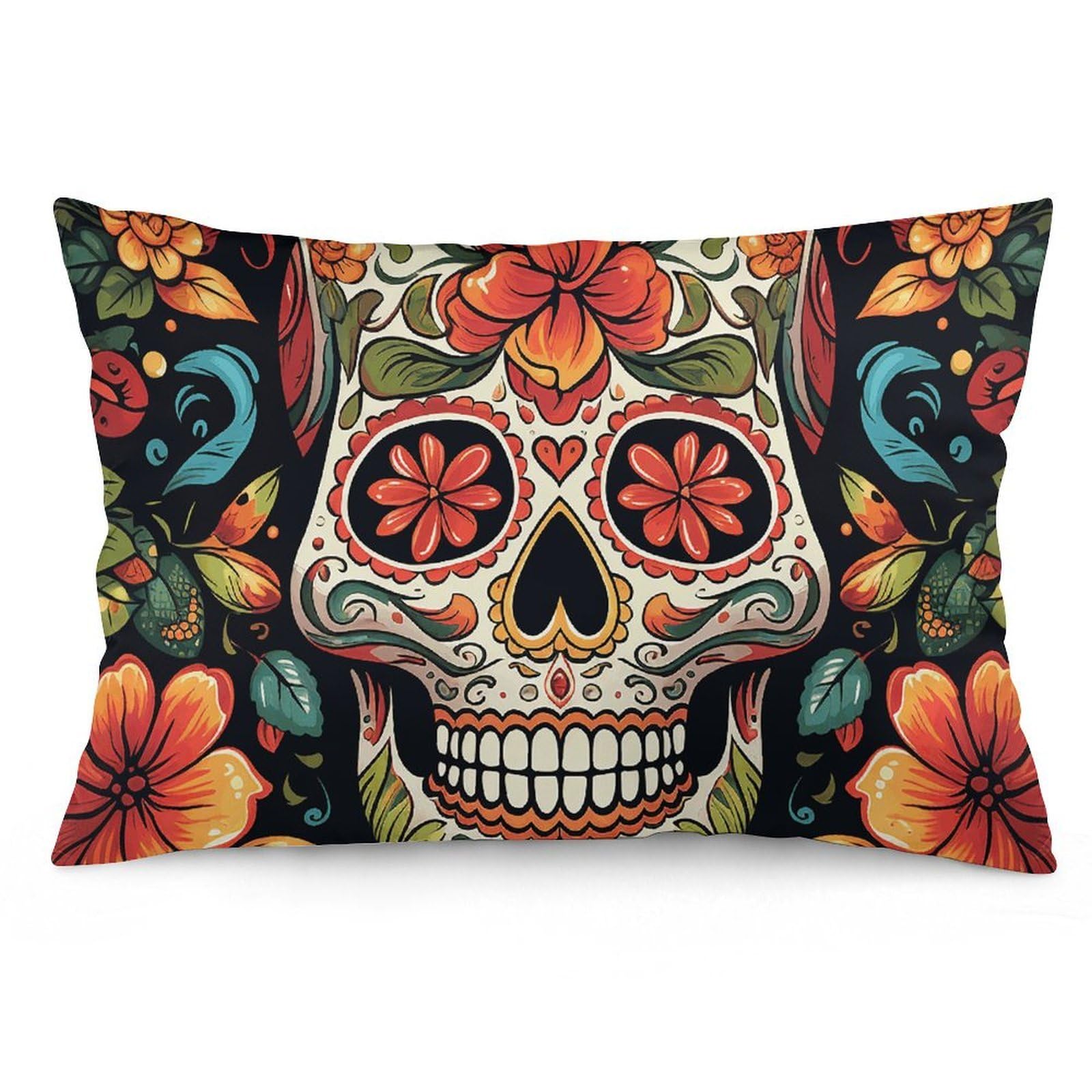 2 Pack Pillow Cases for Hair and Skin, Soft Breathable Pillow Case Covers with Hidden Zipper, Colorful Sugar Skull Pillowcase 12 "x20 Pillow Covers for Sleeping Gift