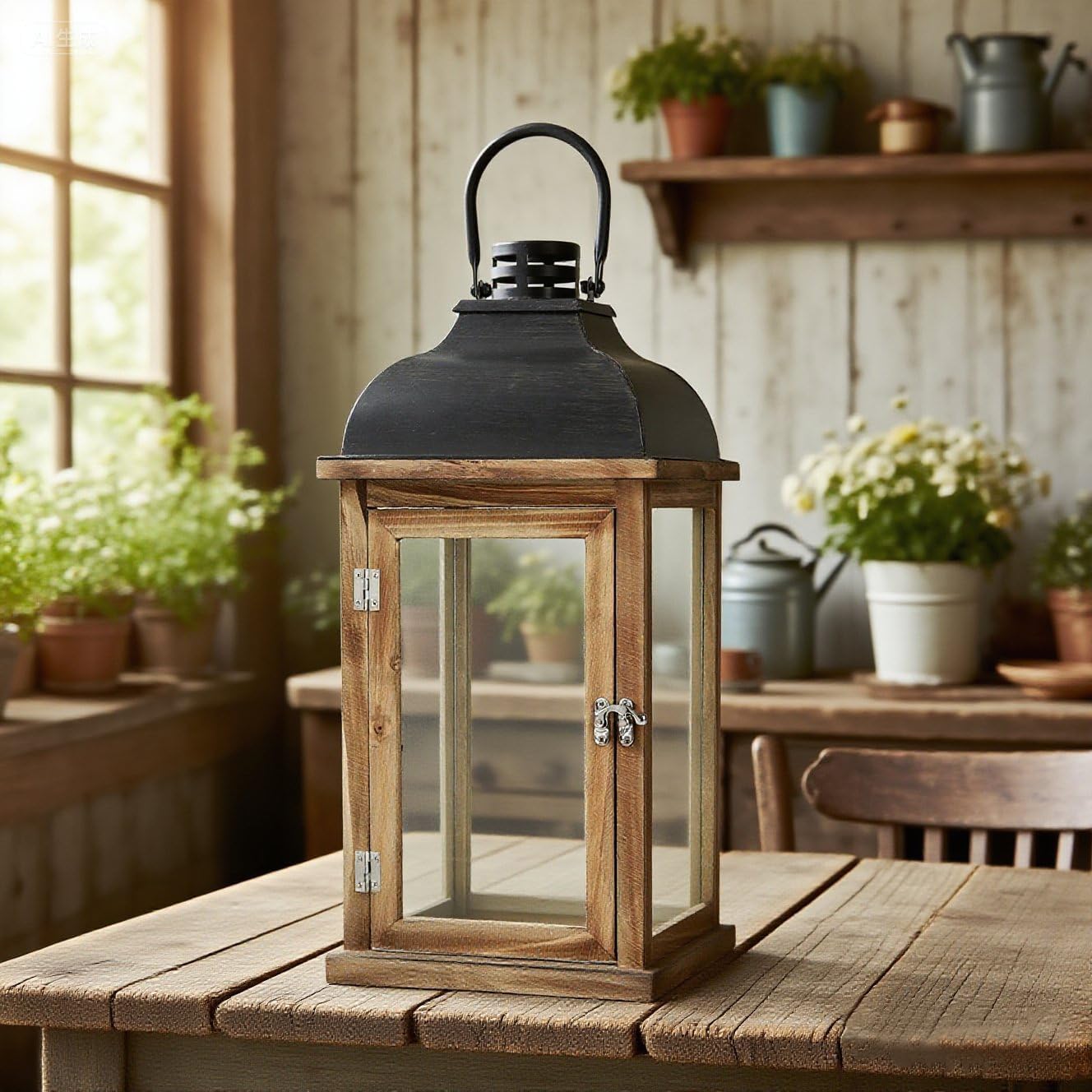 Farmhouse Wooden Candle Lantern with Glass Panel, Large 18" Rustic Decorative Lantern Holder, Vintage Wooden Hurricane Lantern for Candles, Indoor Outdoor Farmhouse Decor