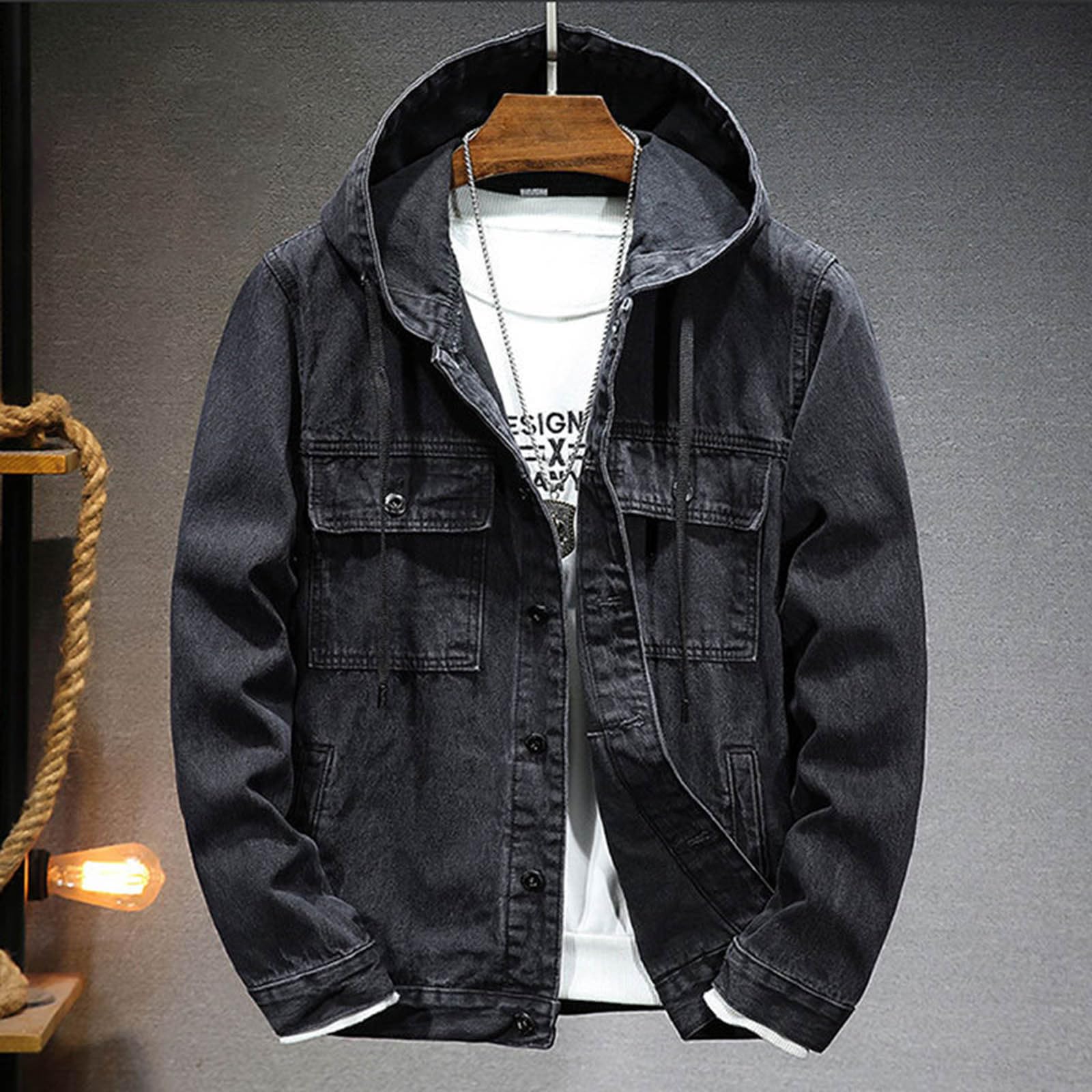 Genérico Chaqueta Tejana Hombre Chaqueta Vaquera Hombre Ajustada Cortavientos con Capucha Diseño Moderno Abrigo Denim