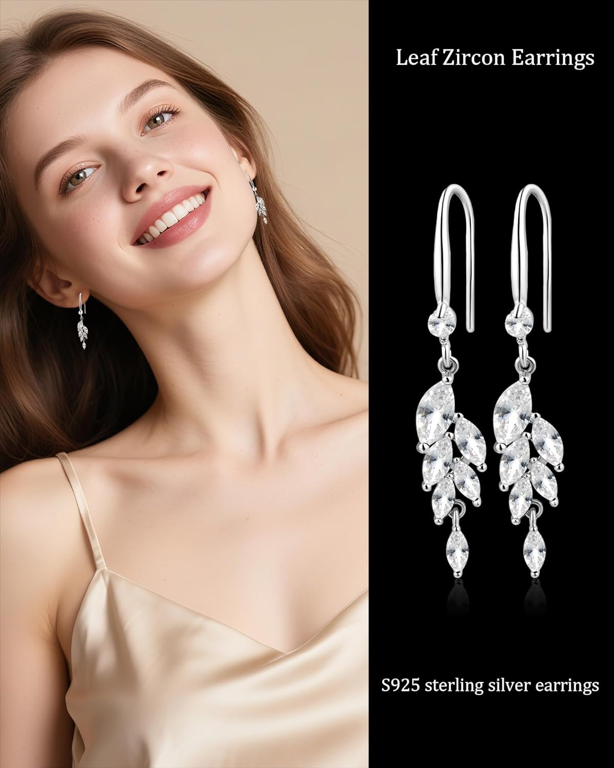 925 Sterling Silver Leaf Earrings Drop Dangle Clear Cubic Zirconia Stone Statement Lightweight Wedding Earrings for Women - Image 4