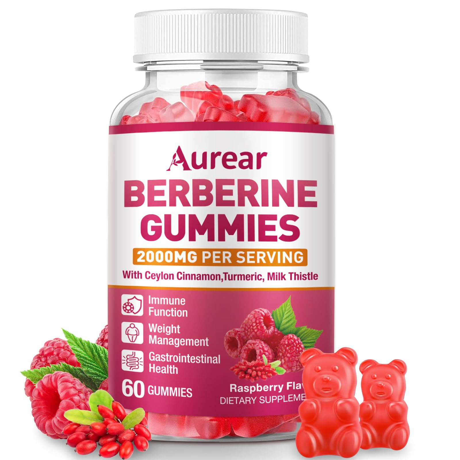 Aurear Suplemento de berberina com canela-do-Ceilão e cúrcuma 2000 mg, 60 gomas