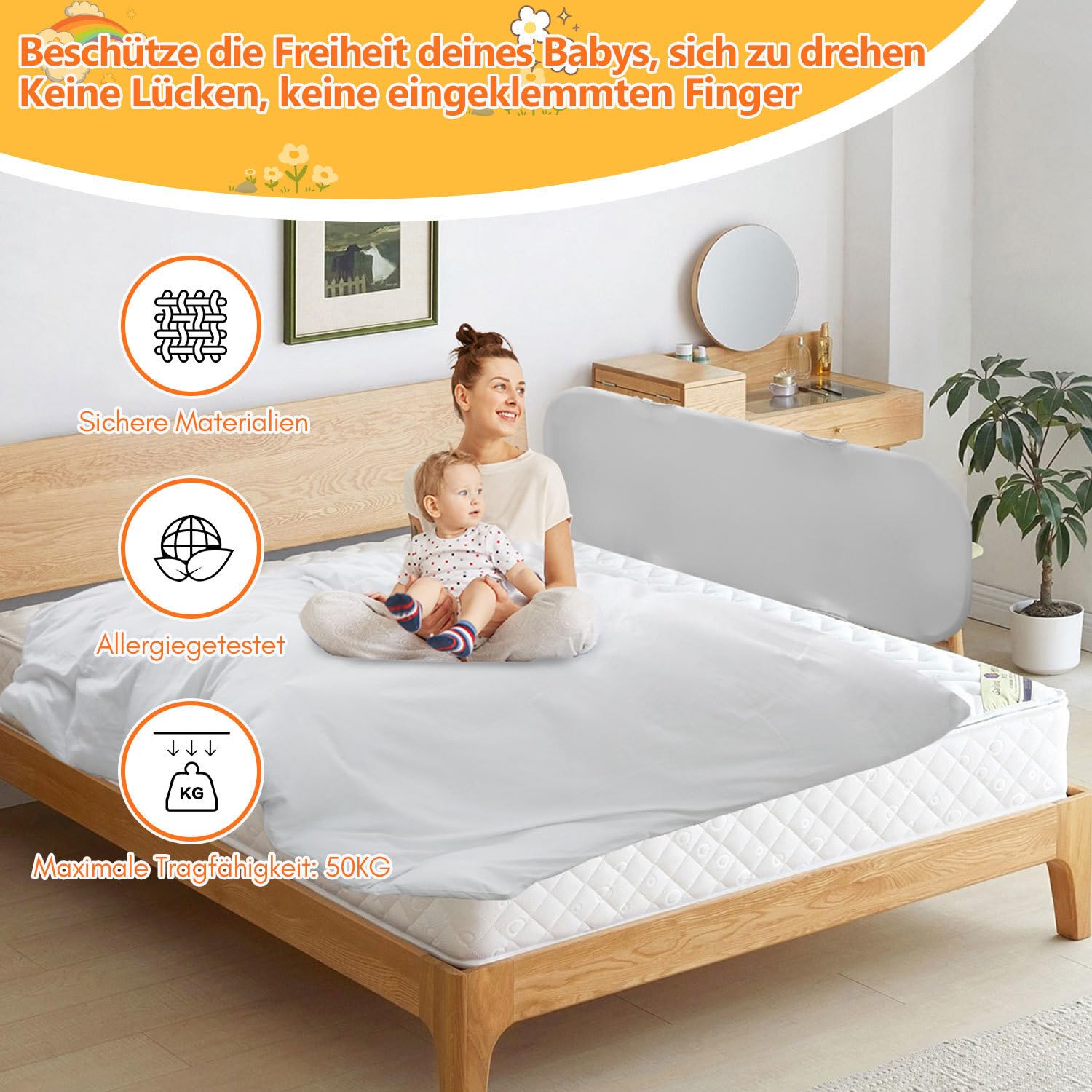 Barrière de lit de 120 cm - Protection anti-chute pour lit d'enfant - Réglable en hauteur - Pliable - Gris