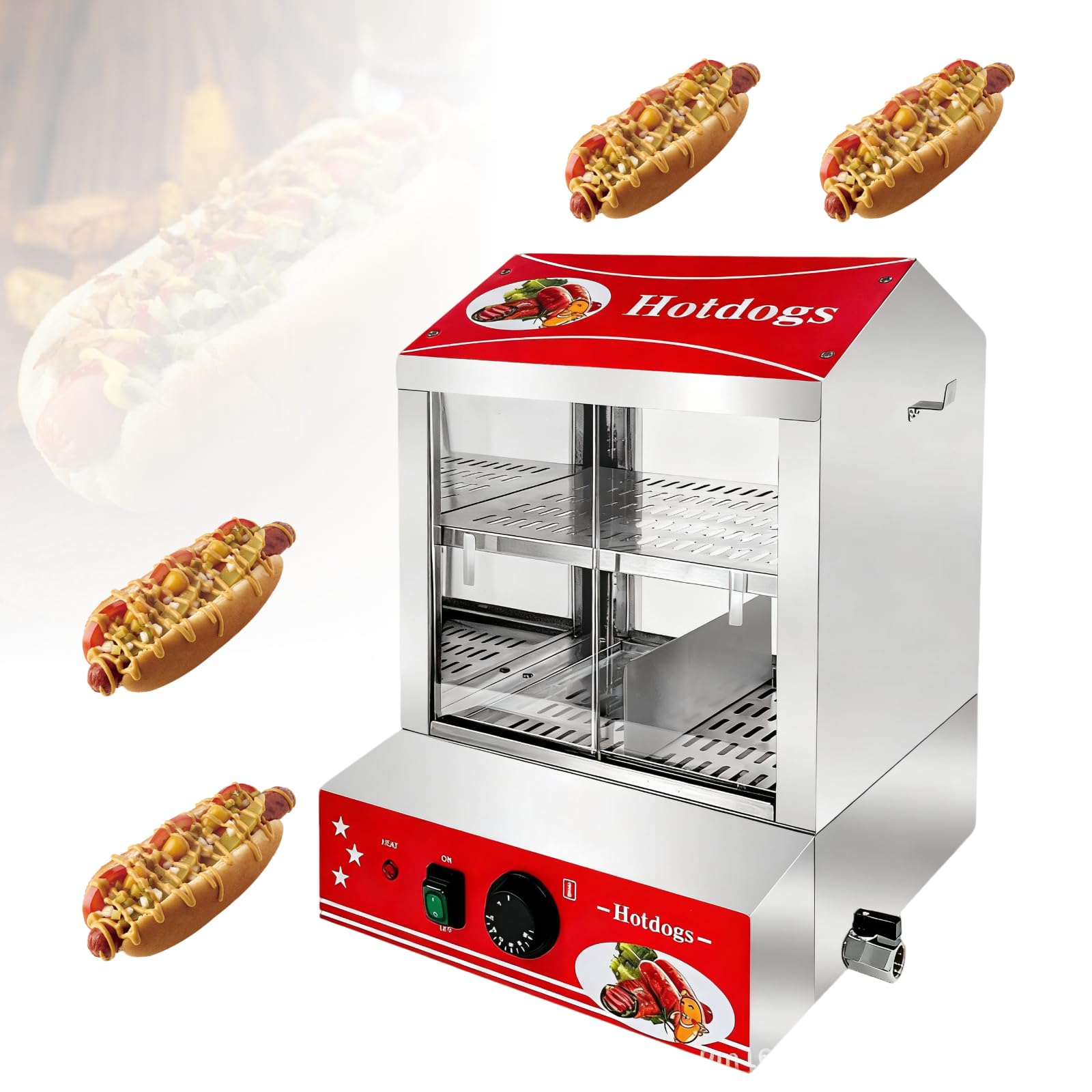 Elektryczny parowar do hot dogów o pojemności 27 l z dwuwarstwową konstrukcją, wyposażony w podgrzewacz do pieczywa, regulację temperatury i przesuwane szklane drzwiczki. 220V