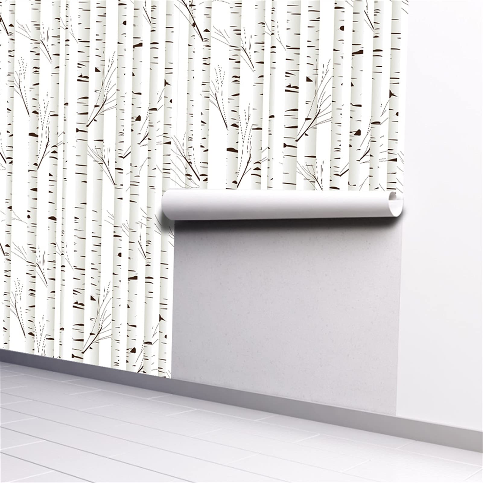 Pegatinas de Pared Pegatinas de pared Pelar y palo extraíble pintura a mano acuarela negro / blanco abedul de abedul auto adhesivo prepasado fondo de pantalla para la decoración de la pared del dormit