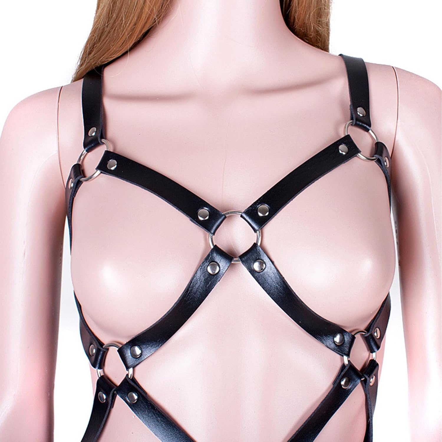 MFMYEE Erotic SM Bondage Set, Women's Sexy Restraints Leather Harness Bodysuit with Strappy Chest, Waist & Leg Belt and Metal Rings, Fetish Bondage Slave Role Play Sex Toy for Nightclub