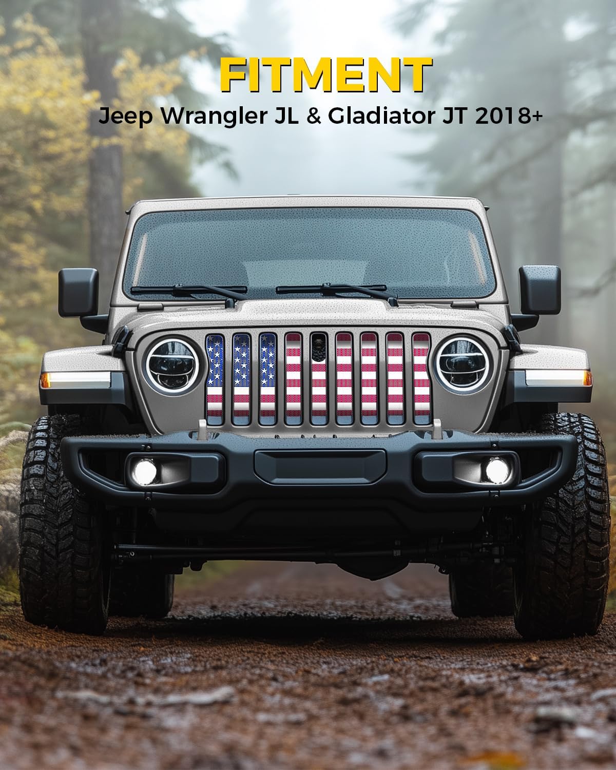 Xprite Grill Insert with Red & Blue US Flag, Aluminum Alloy Front Grille Mesh Inserts Compatible with 2018–2026 Jeep Wrangler JL & Gladiator JT (Designed for Models with Front Camera or ACC Radar)