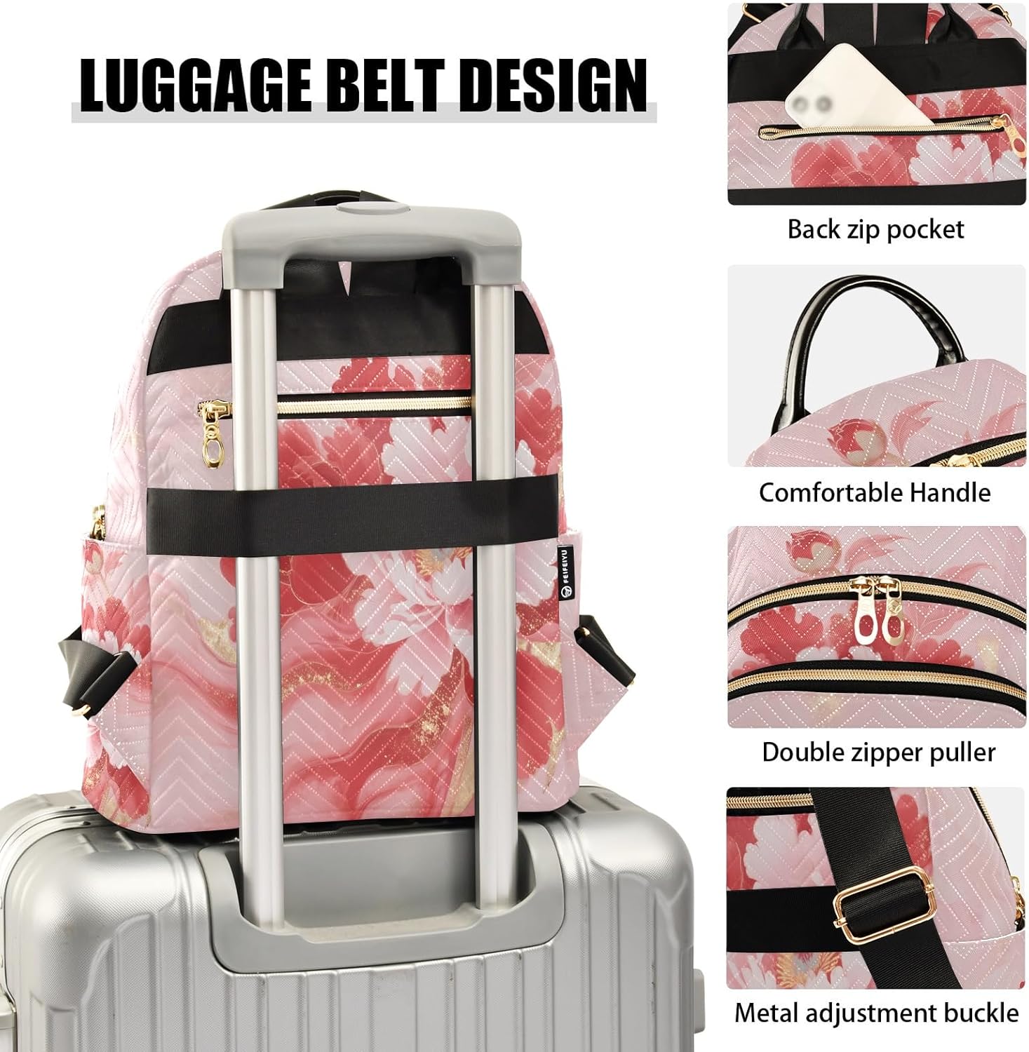 Quilted Backpack for Women Floral Peony Pastel Carry-On 14 Inch Laptop Backpack