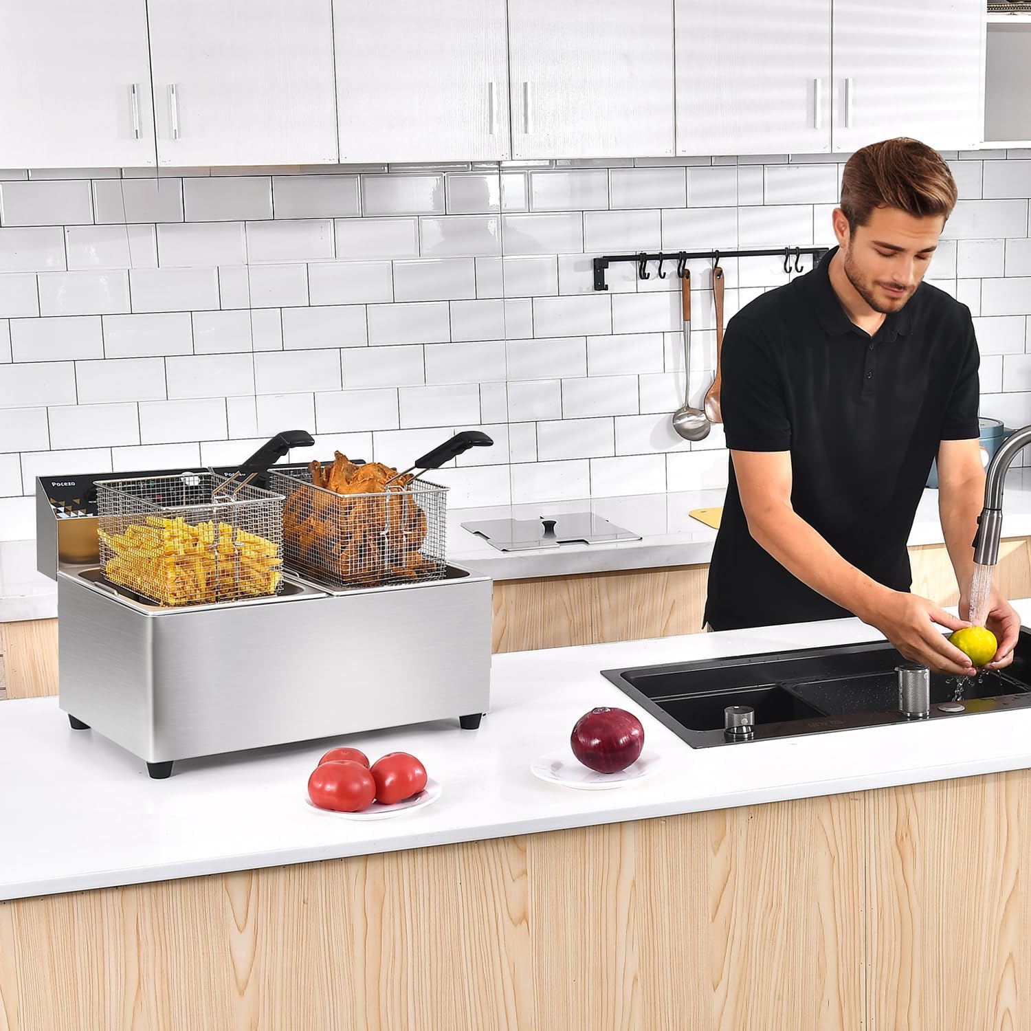 Deep Fryer with Basket, 3400w 14Qt Oil Tank/ 6.7Qt Basket x 2, 0.6mm Thickened Stainless Steel Countertop Electric Fryer for Home and Commercial Use, Oil Fryer with Double Overheat Protection