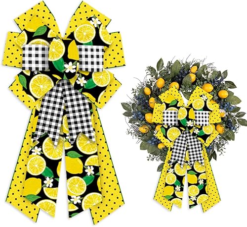 Miniatura 10 de Threetols Arcos grandes de corona de búfalo blanco y negro, lazos de limón de verano para corona, lazos de arpillera hawaiana para puerta delantera,