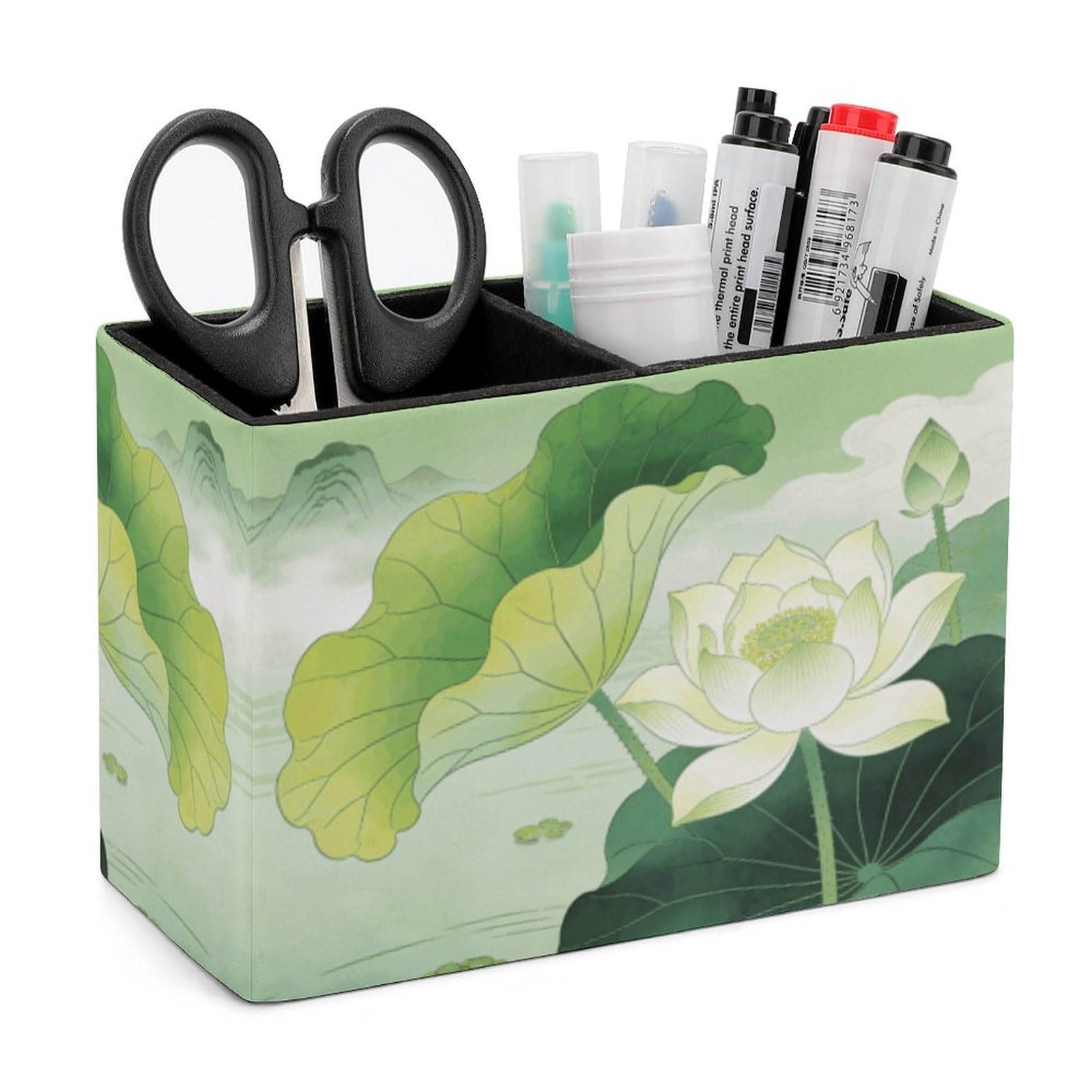 LZQPOEAS Exquisite Patterns PU Leather Pen Holder, Multifunctional Desktop Organizer Caddy with 2 Compartments, Green Lotus Pond Pencil Cup Makeup Brush Holder for Office Home