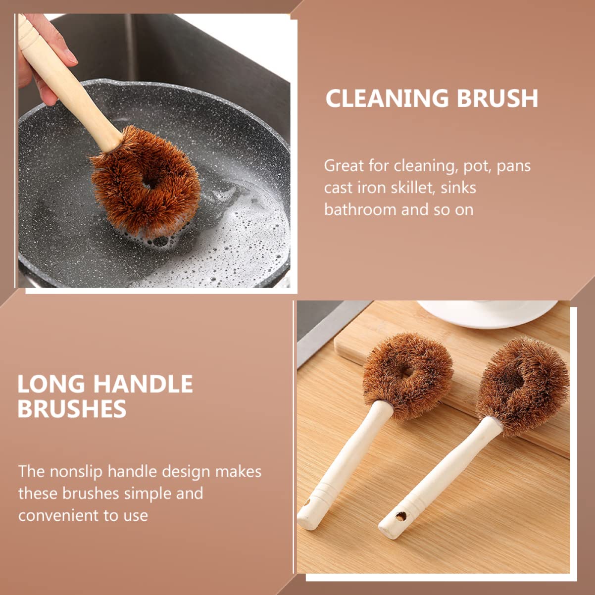 Cepillo de cocina de fibra de coco, limpiador de mano para fregadero de cocina, cepillo de limpieza de mango largo para platos y sartenes, limpiador de goma para un fregado eficiente