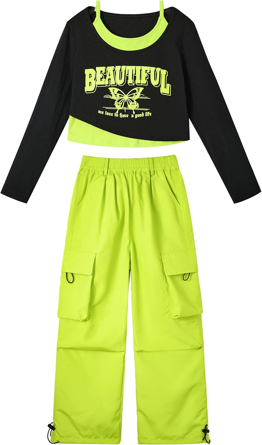 LOLANTA Girls Hip Hop Dance Clothes 2 Piece Outfits Jazz Team Long Sleeve Crop Top Cargo Pants Set - Image 6