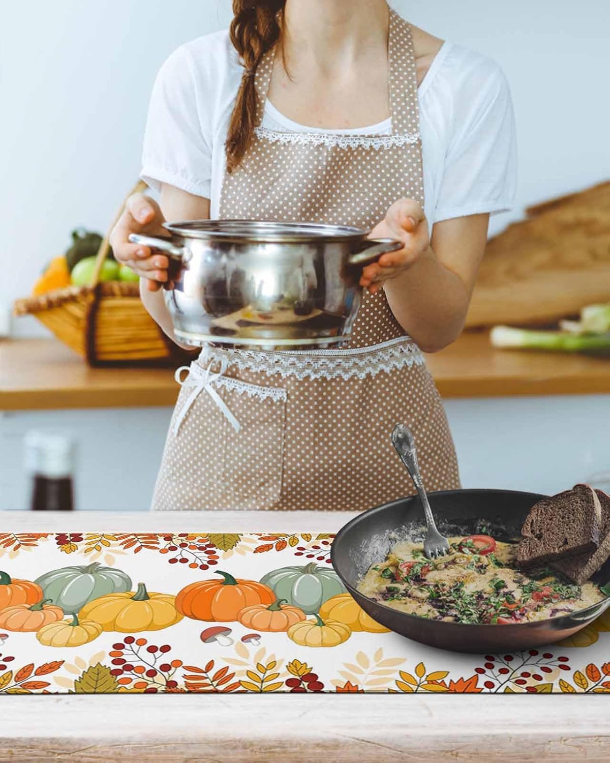 Thanksgiving Heat Resistant Trivet & Table Runner Fall Orange Pumpkins Maple Leaves Hot Dishes Mat Table Protector Retro Berry Plants Hot Pots Pans Pads Waterproof Placemats for Countertops 48x12 Inch