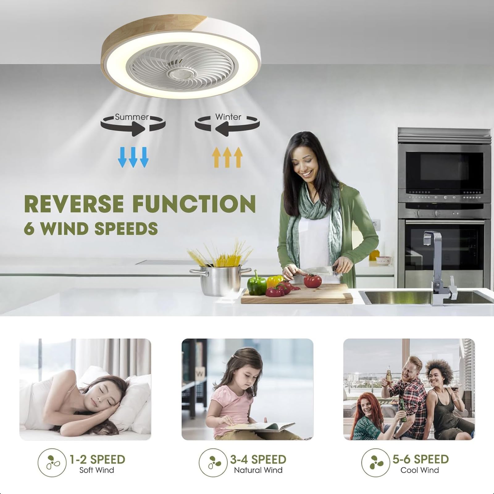 LANMOU Ventilatore da Soffitto con Lampada, 72W Lampadario Dimmerabile Ventilatore Silenzioso con Telecomando/APP, Timer, 3 Velocità del Vento e 3 Temperatura di Colore, Ø52cm, Round, Bianca