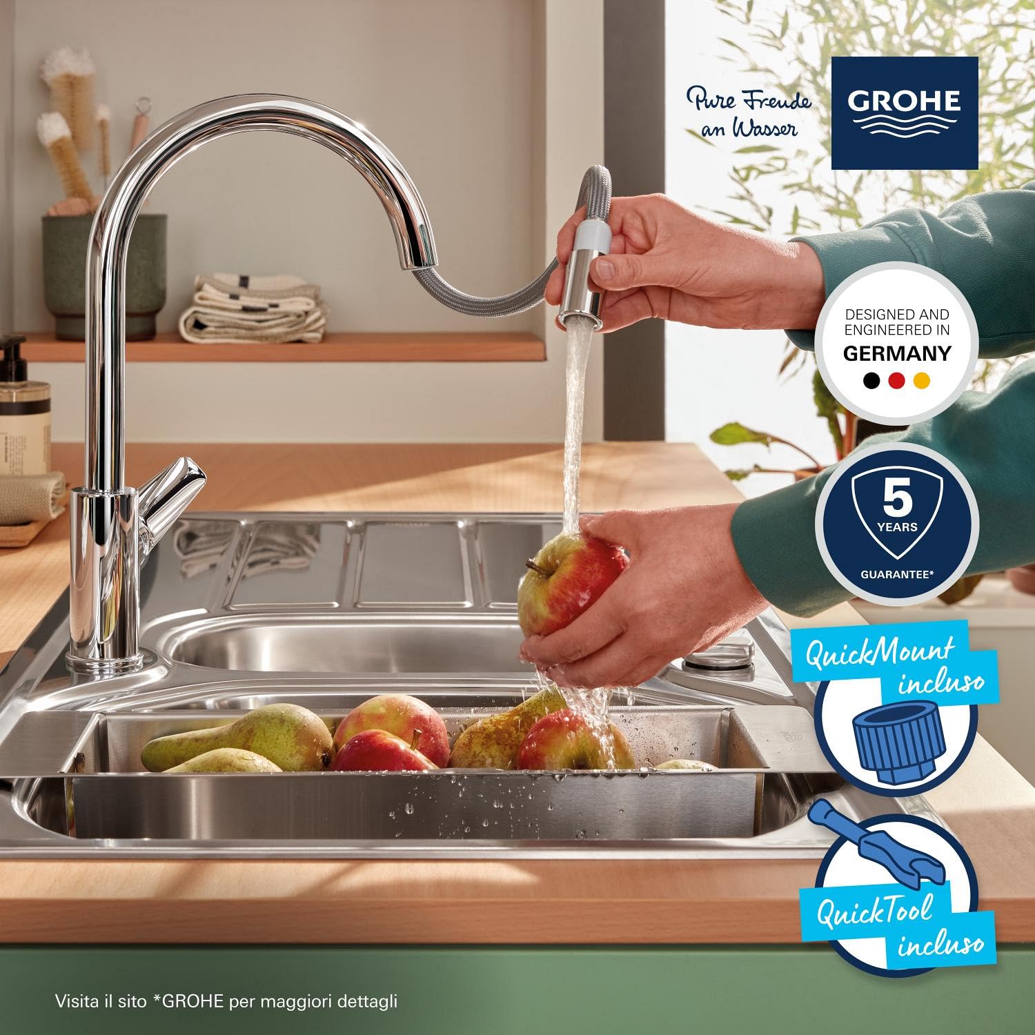 GROHE QuickFix Start Edge, Rubinetto Miscelatore per lavello da cucina a 1 leva con funzione estraibile (bocca a C alta, area girevole a 360°, cartuccia in ceramica da 28 mm) 357 mm, Cromo, 30551000