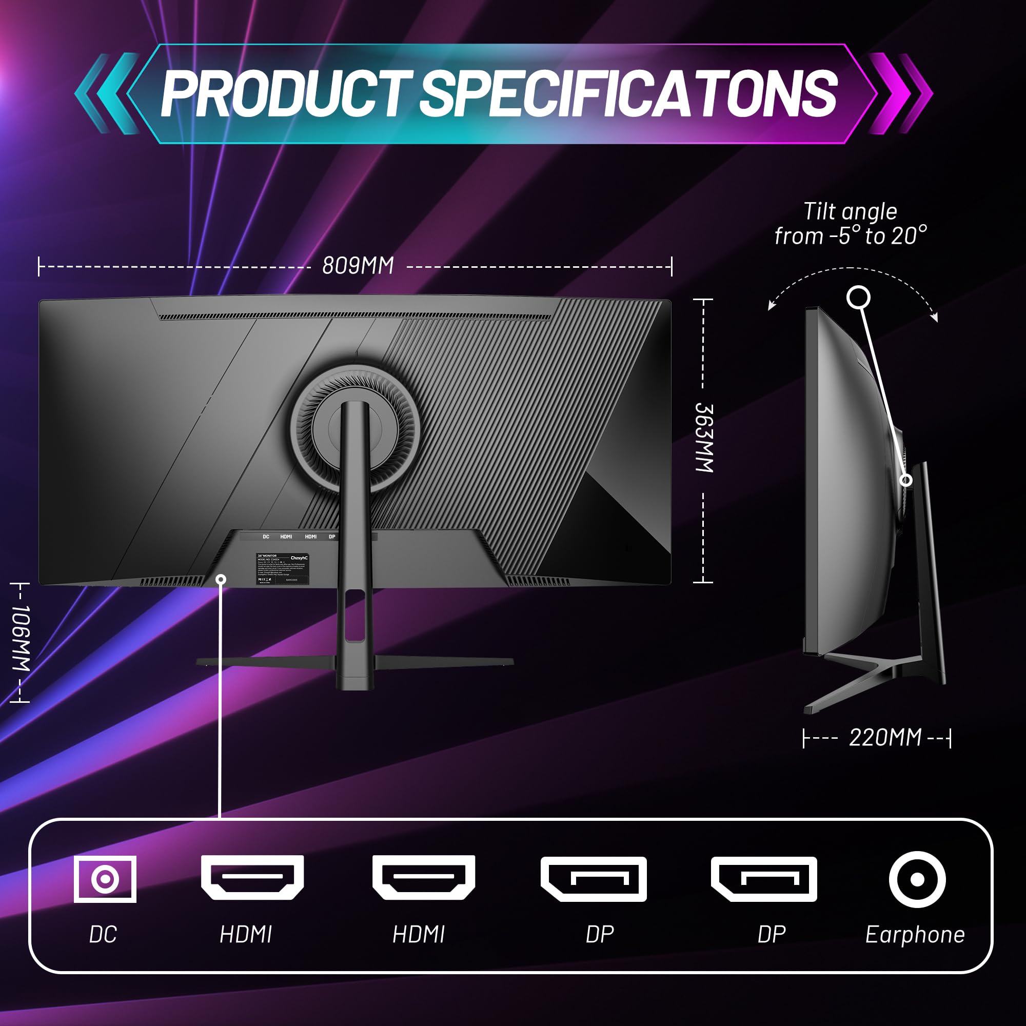 Monitor curvo ultra ancho para juegos de 34 pulgadas, WQHD 3440 x 1440p, 165 Hz, 120% sRGB, FreeSync, VESA (DP y cable HDMI incluidos), monitor de PC inmersivo para jugadores y profesionales