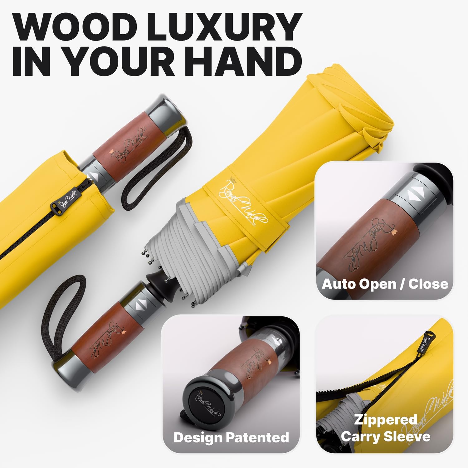 Royal Walk Windproof Folding Travel Umbrella Compact and Strong Luxurious Real Wood Handle Automatic Open Close Vented Double Canopy for Men and Women - Image 3