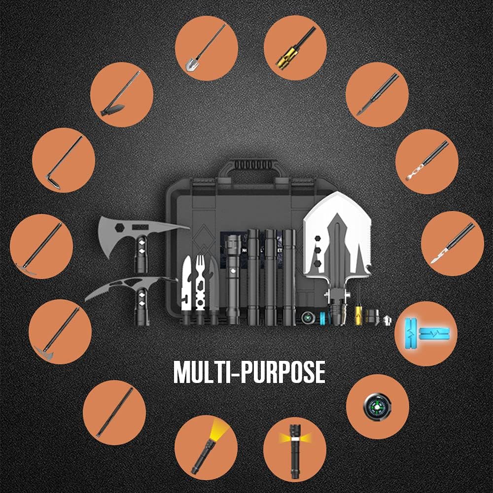 YANTOO Camping Multi-Purpose Tool Kits, Essential Car Rescue Tool Box, Military Folding Shovel, Rescue Kits with Pickaxe, Axe, Compass, Flashlight, etc.