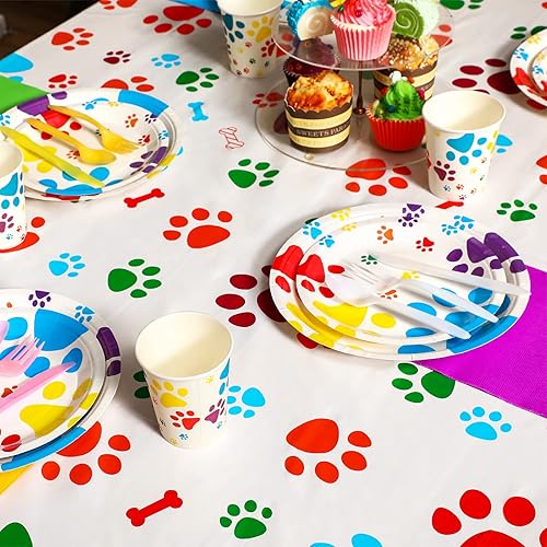 Miniatura 2 de Tegeme Mantel de plástico desechable con estampado de patas de cachorro, 3 unidades, 54 x 108 pulgadas, funda de mesa con estampado de patas de