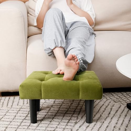 Miniatura 31 de HOUCHICS Reposapiés pequeño, otomano de madera de terciopelo con patas de madera, reposapiés para sofá, asiento adicional para sala de estar,