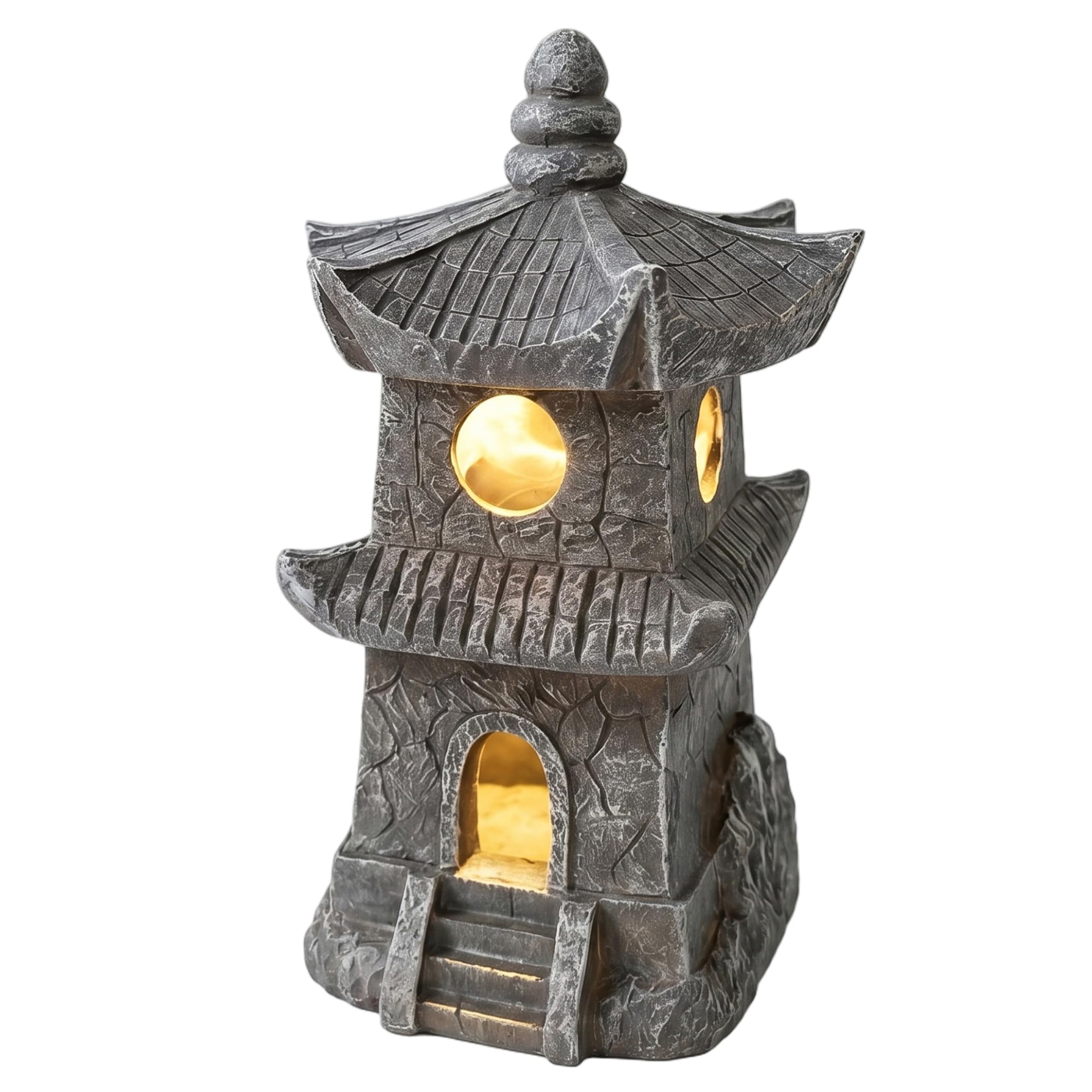 Ameble Resin Pagoda Japanese Stone Lantern Solar Outdoor Figurine Lights, Zen Garden Decor for Yard, Patio, Pathway, Landscape Lighting
