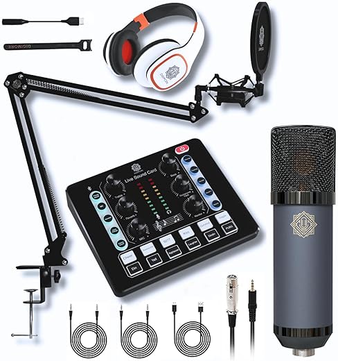 DIGIMORE Condenser Microphone Kit with Studio Headphones, Live Sound Card, Boom Arm Stand, Shock Mount and Pop Filter Ideal for Recording,…