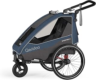 Qeridoo Fahrradanhänger Sportrex 2 Limited Edition Jeans Blue, faltbar, mit 360 Grad drehbaren, luftgefüllten Buggyrad und patentierten Kopfprotektoren, für 2 Kinder